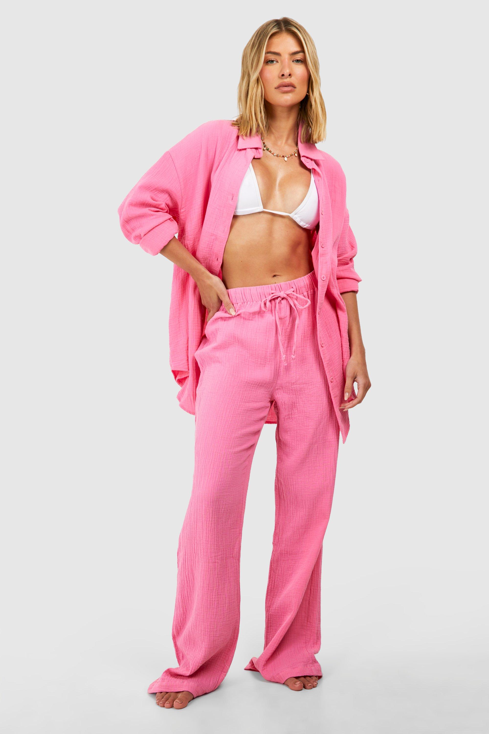 Image of Pantaloni da mare a gamba ampia in cotone a effetto goffrato, Pink