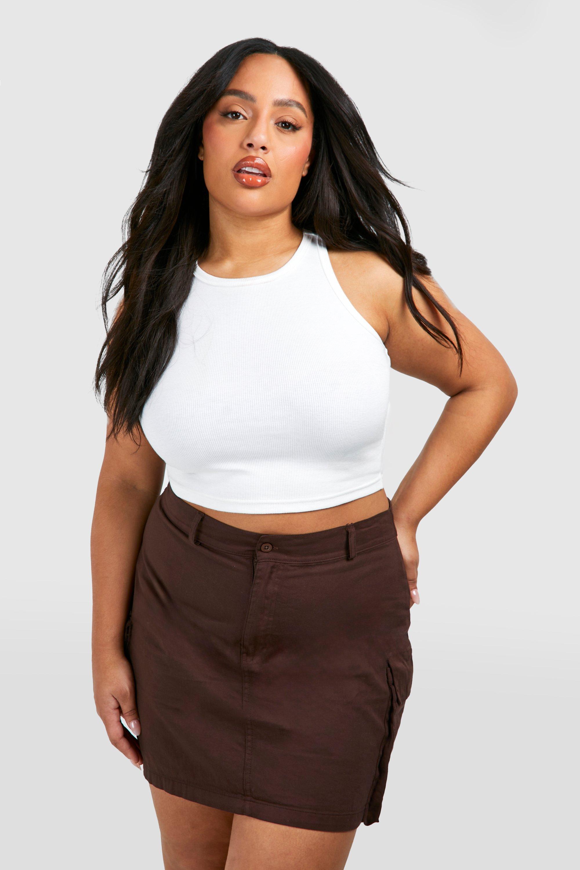 Boohoo Plus Gebleekt Drop Mini Rokje Met Cargo Zakken, Chocolate