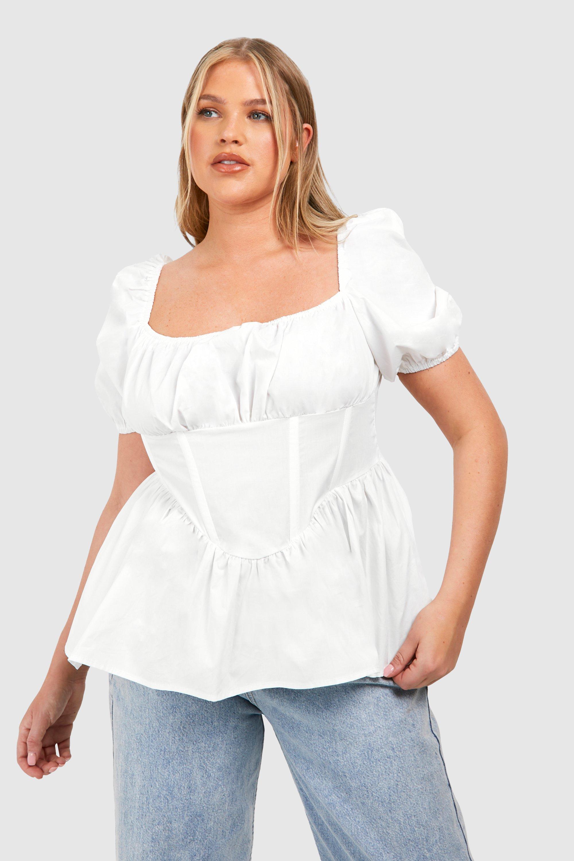 Boohoo Plus Katoenen Peplum Top Met Korset Detail, White