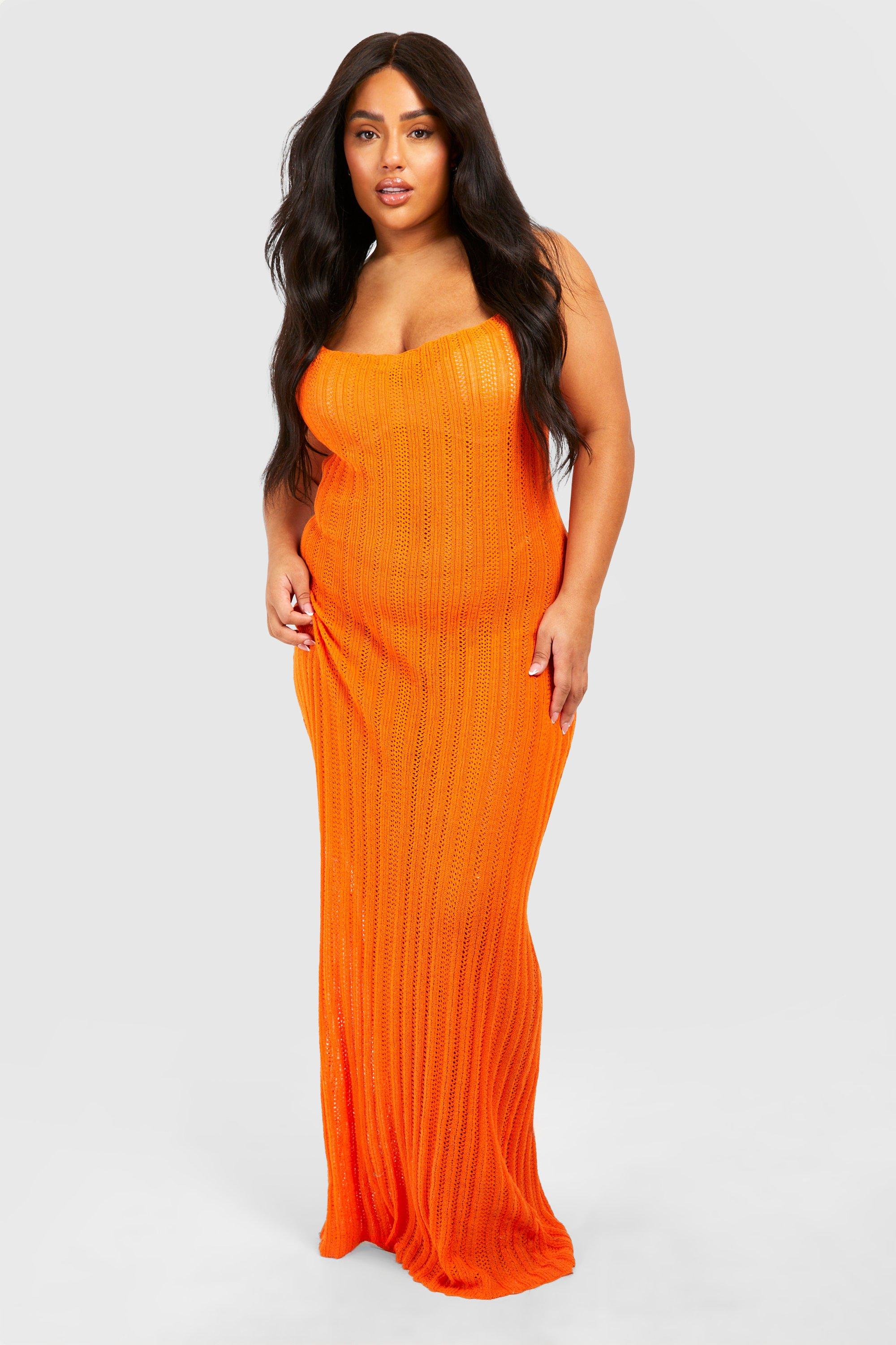 Boohoo Plus Gehaakte Gebreide Ladder Maxi Jurk Met Waterval Hals, Orange