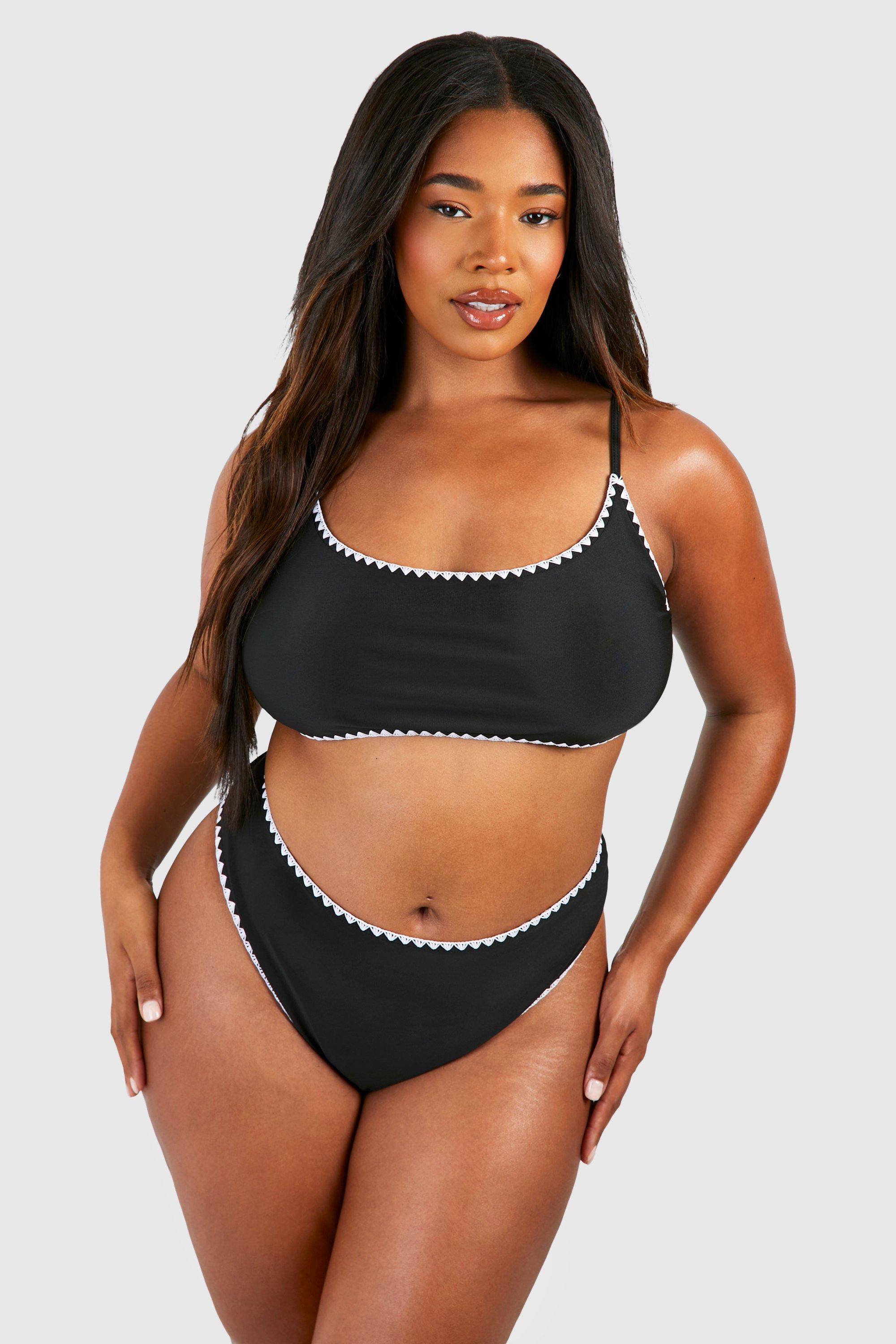 Boohoo Plus Bikini Met Lage Ronde Hals, Contrasterende Stiksels En Hoge Taille, Black