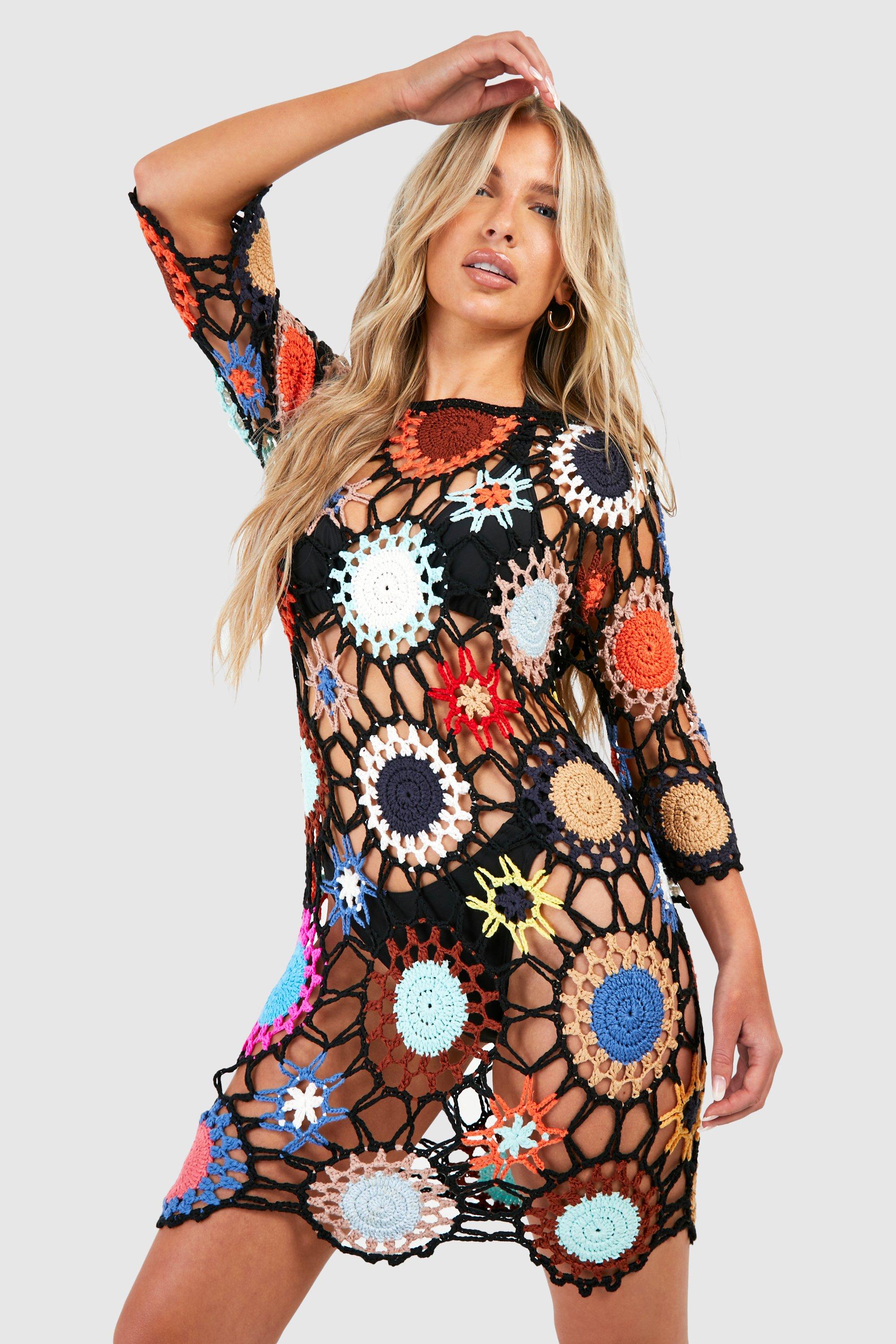 Image of Patchwork Crochet Cover Up Beach Dress, Nero