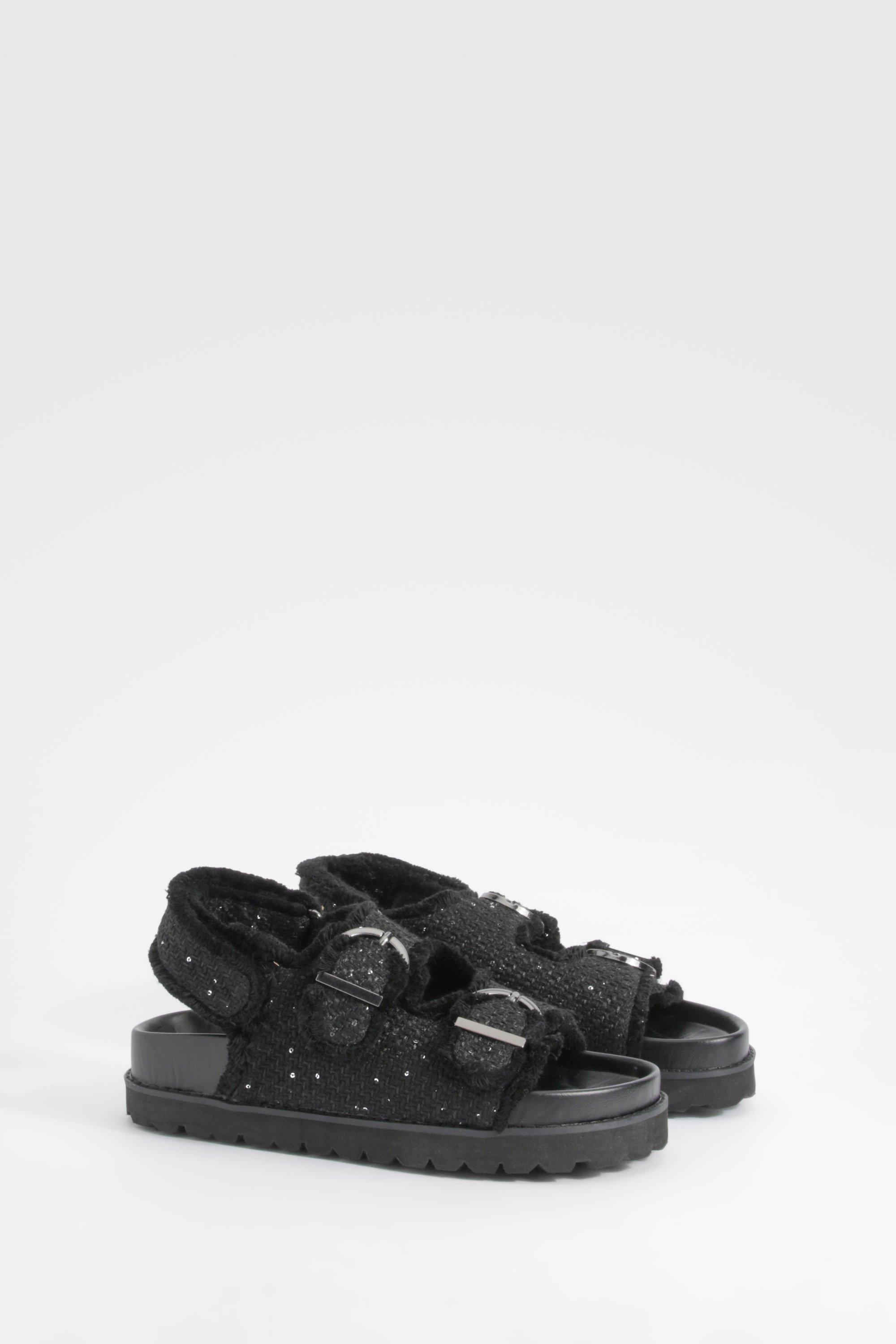 Boohoo Brede Bouclé Dad Sandalen, Black