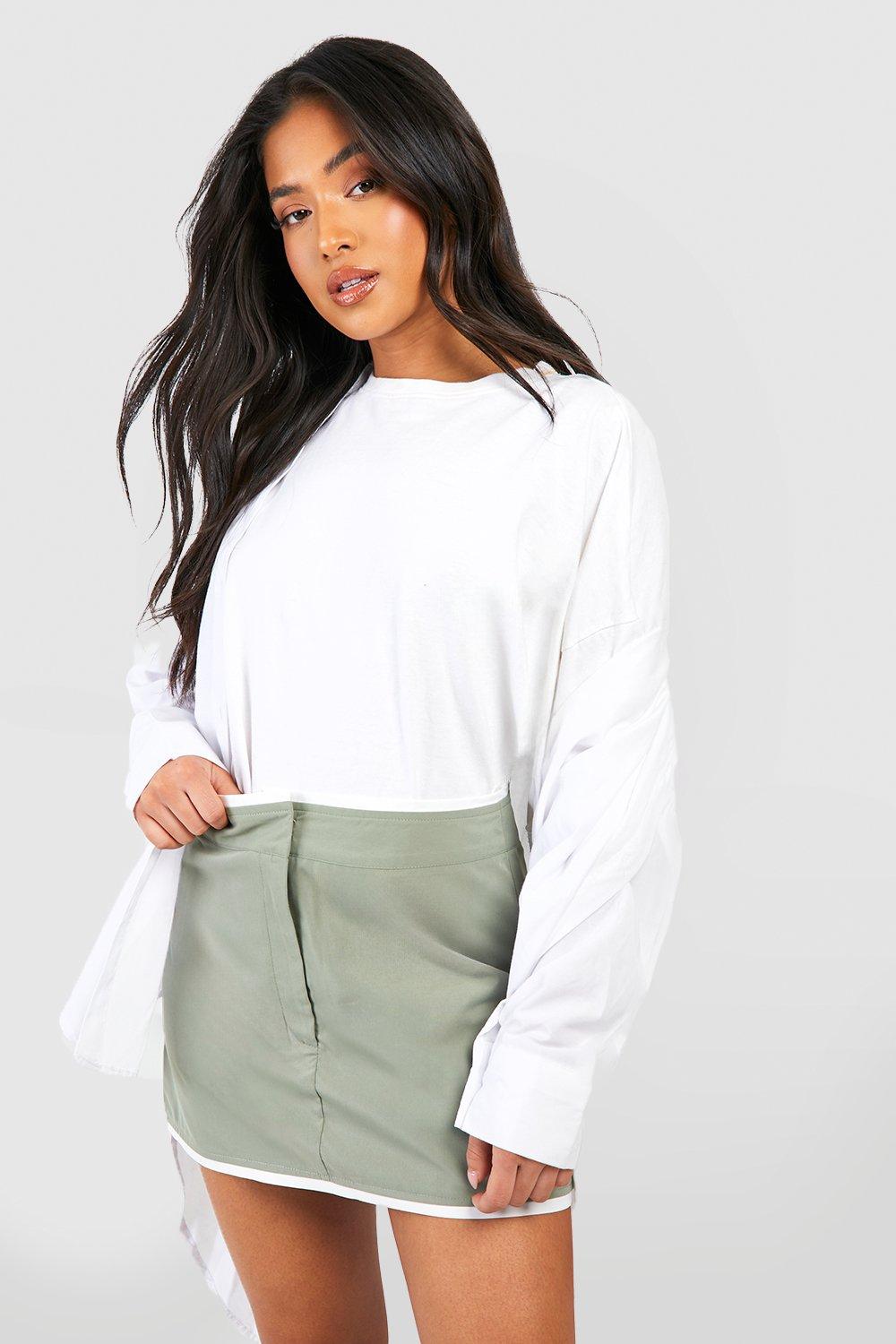Boohoo Petite Geweven Mini Rokje Met Contrasterende Zoom, Khaki