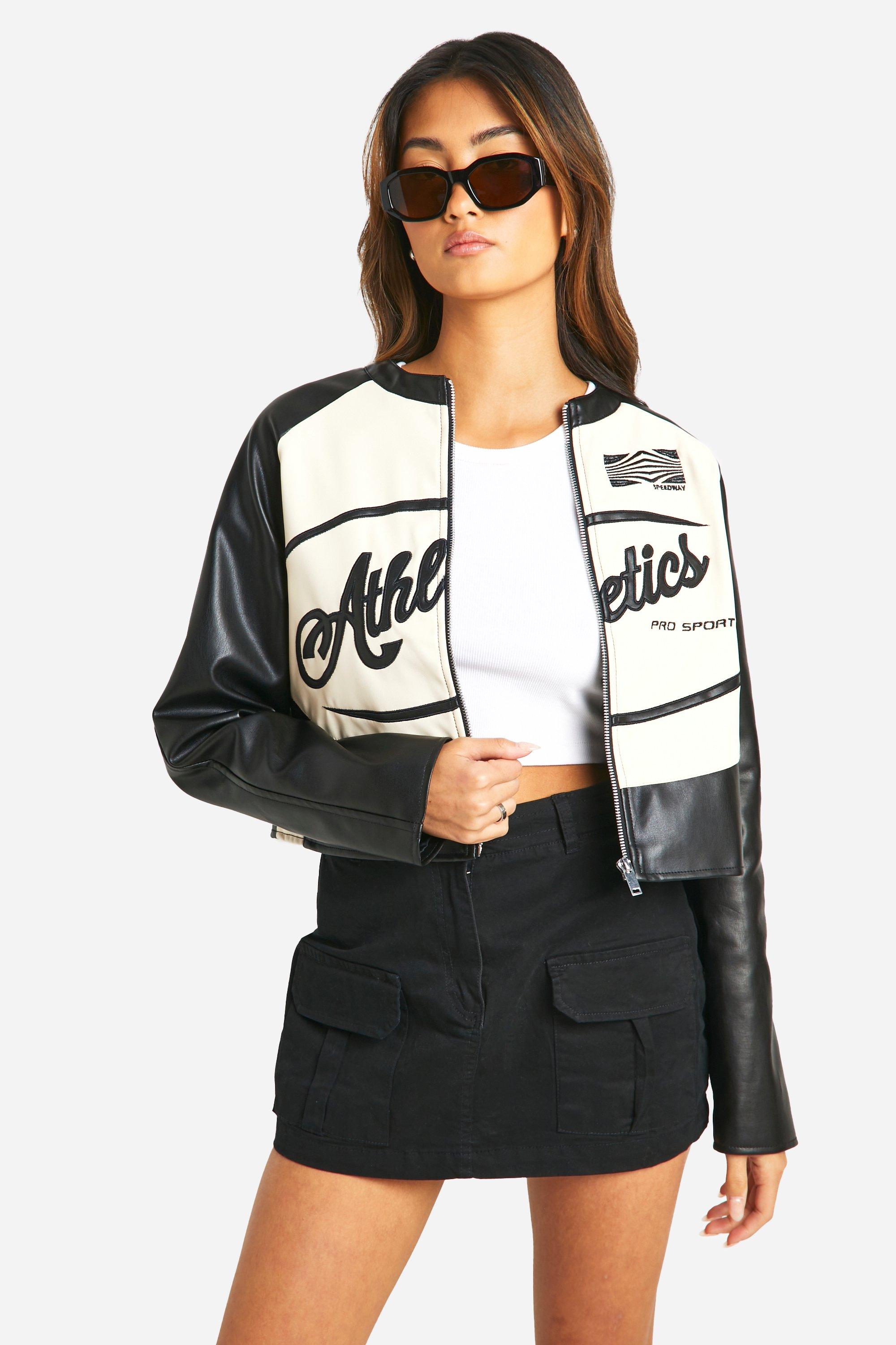 womens athletics faux leather moto jacket - black - 12, black