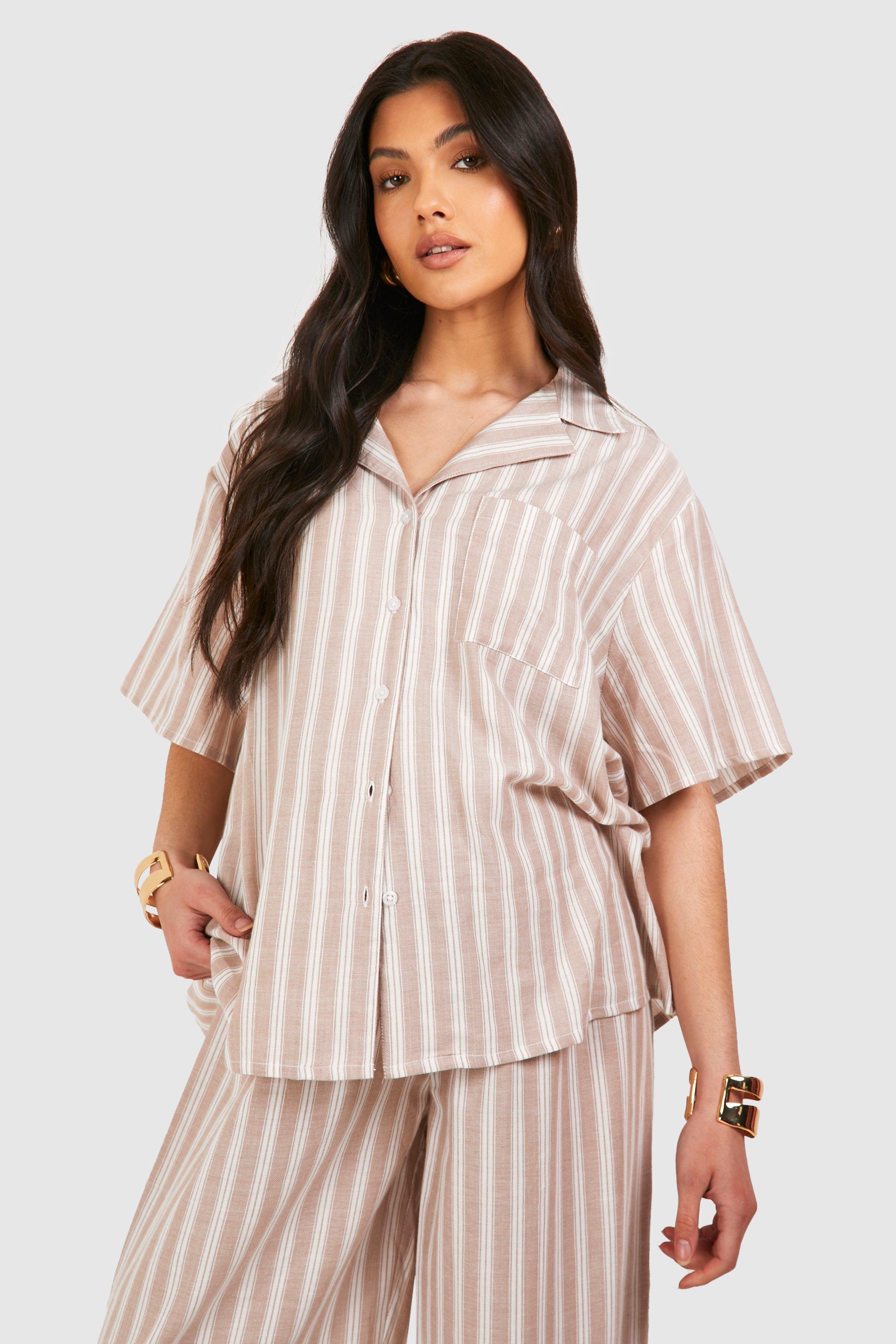 Image of Maternity Linen Stripe Short Sleeve Shirt, Beige