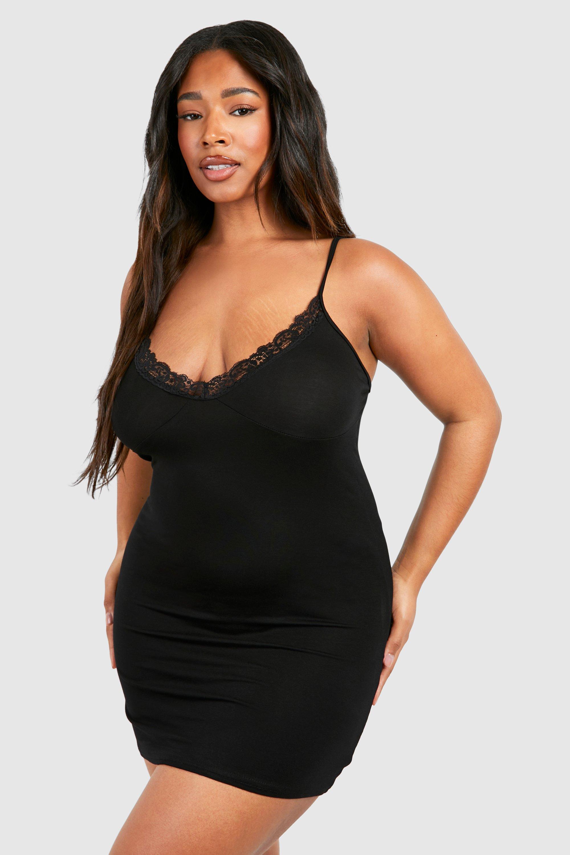 Womens Plus Lace Trim Plunge Nightie - Black - 18, Black