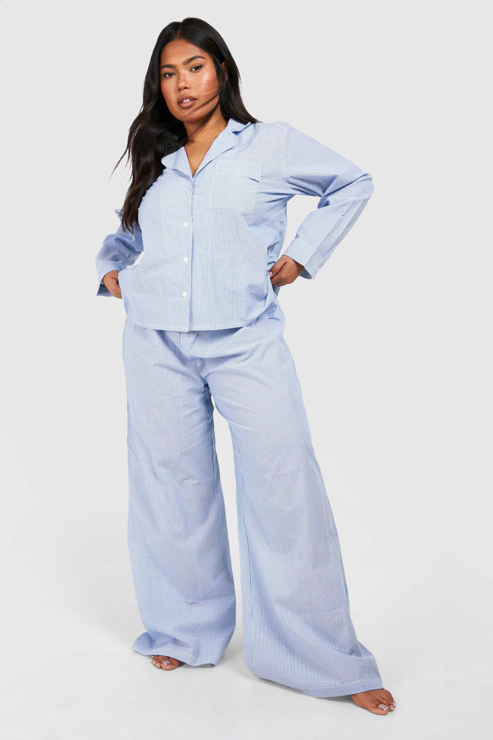 Womens Plus Striped Button Through Pj Trouser Set - Blue - 26, Blue