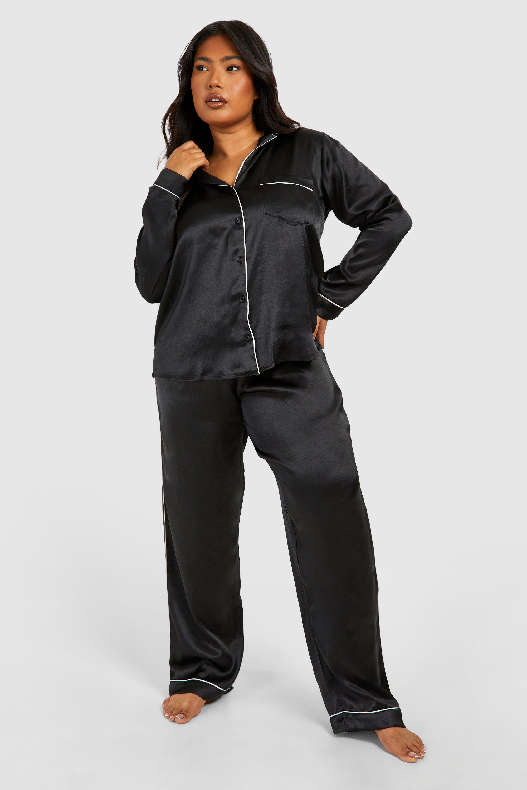 Womens Plus Satin Contrast Piping Pj Trouser Set - Black - 18, Black