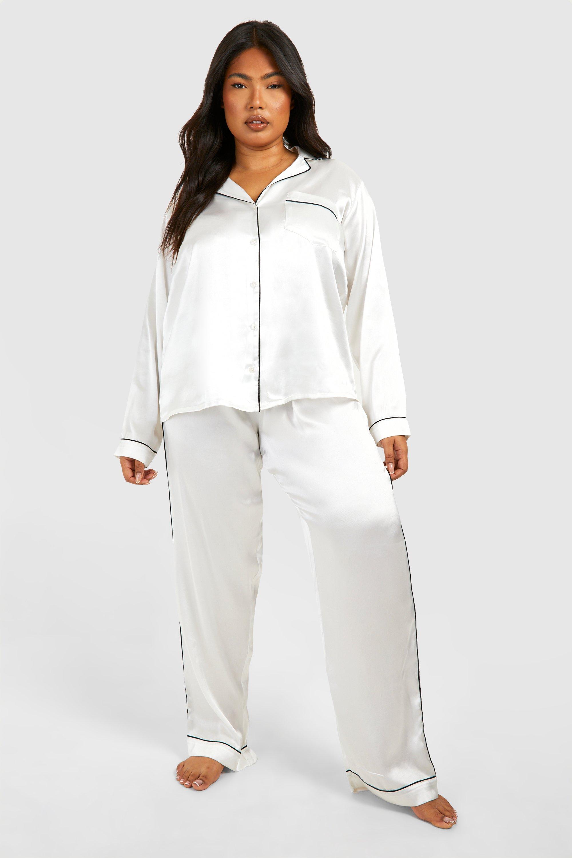 Womens Plus Satin Contrast Piping Pj Trouser Set - White - 24, White