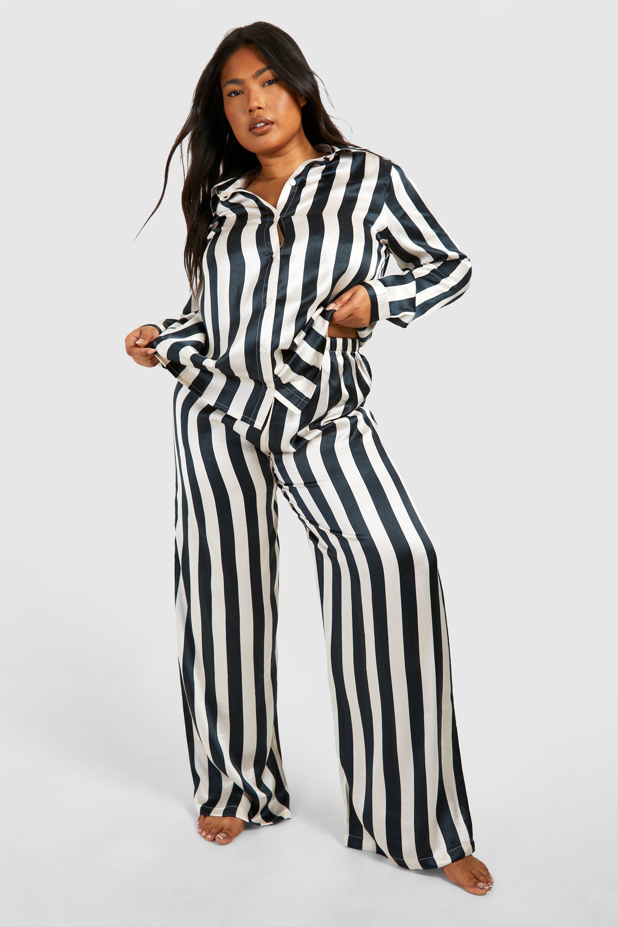 Womens Plus Satin Stripe Pj Trouser Set - Black - 22, Black