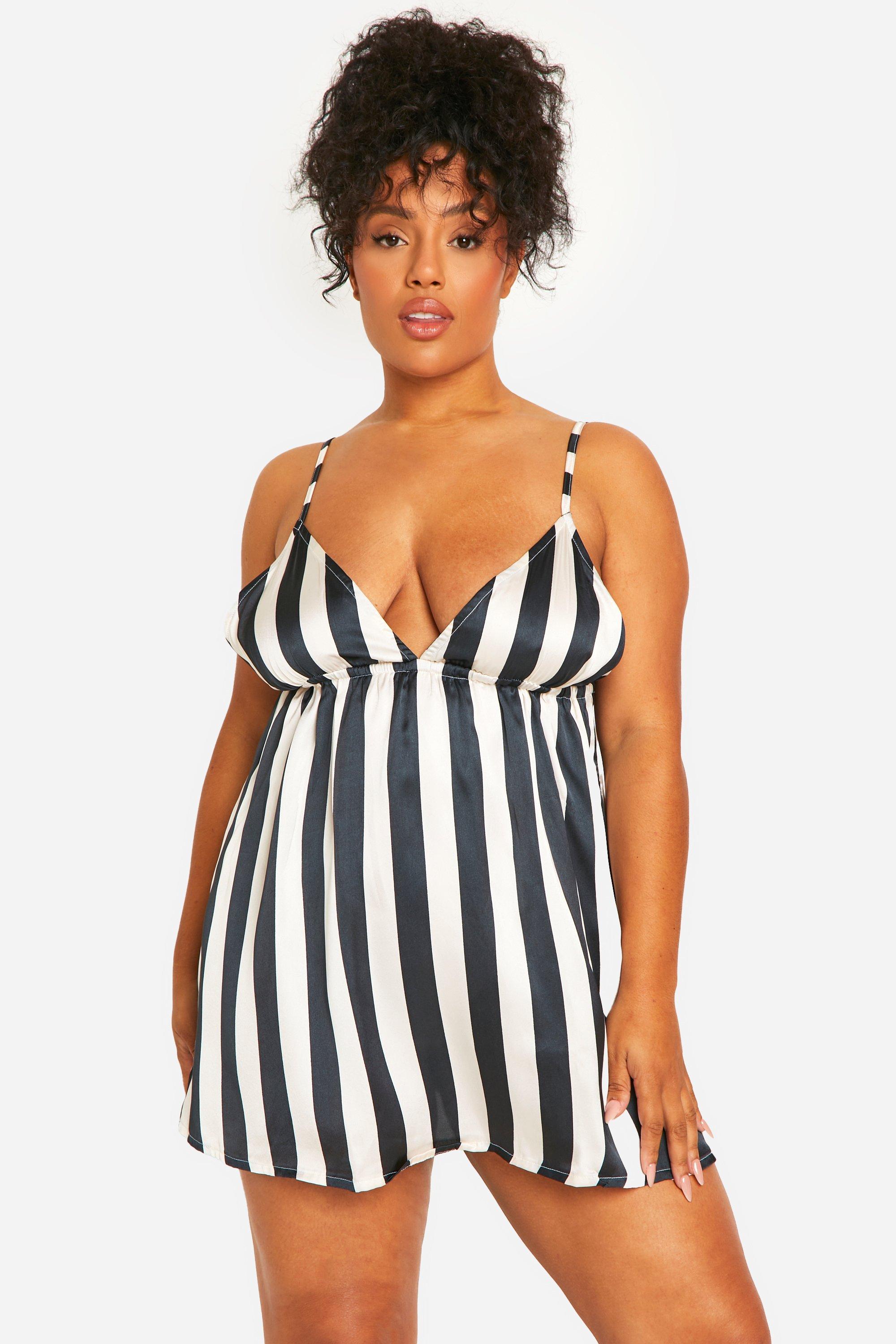 Womens Plus Satin Stripe Nightie - Black - 16, Black