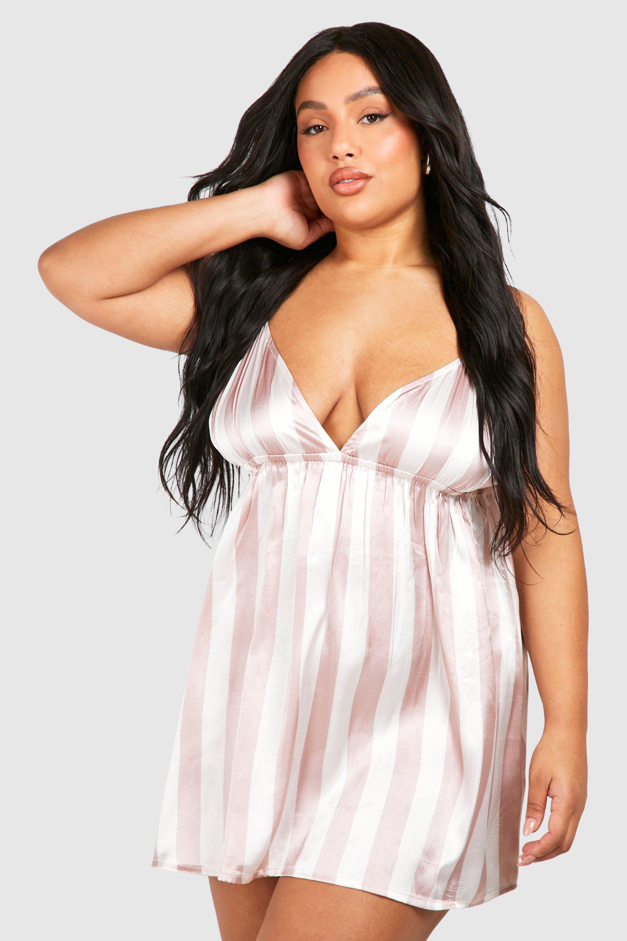 Womens Plus Satin Stripe Nightie - Pink - 24, Pink