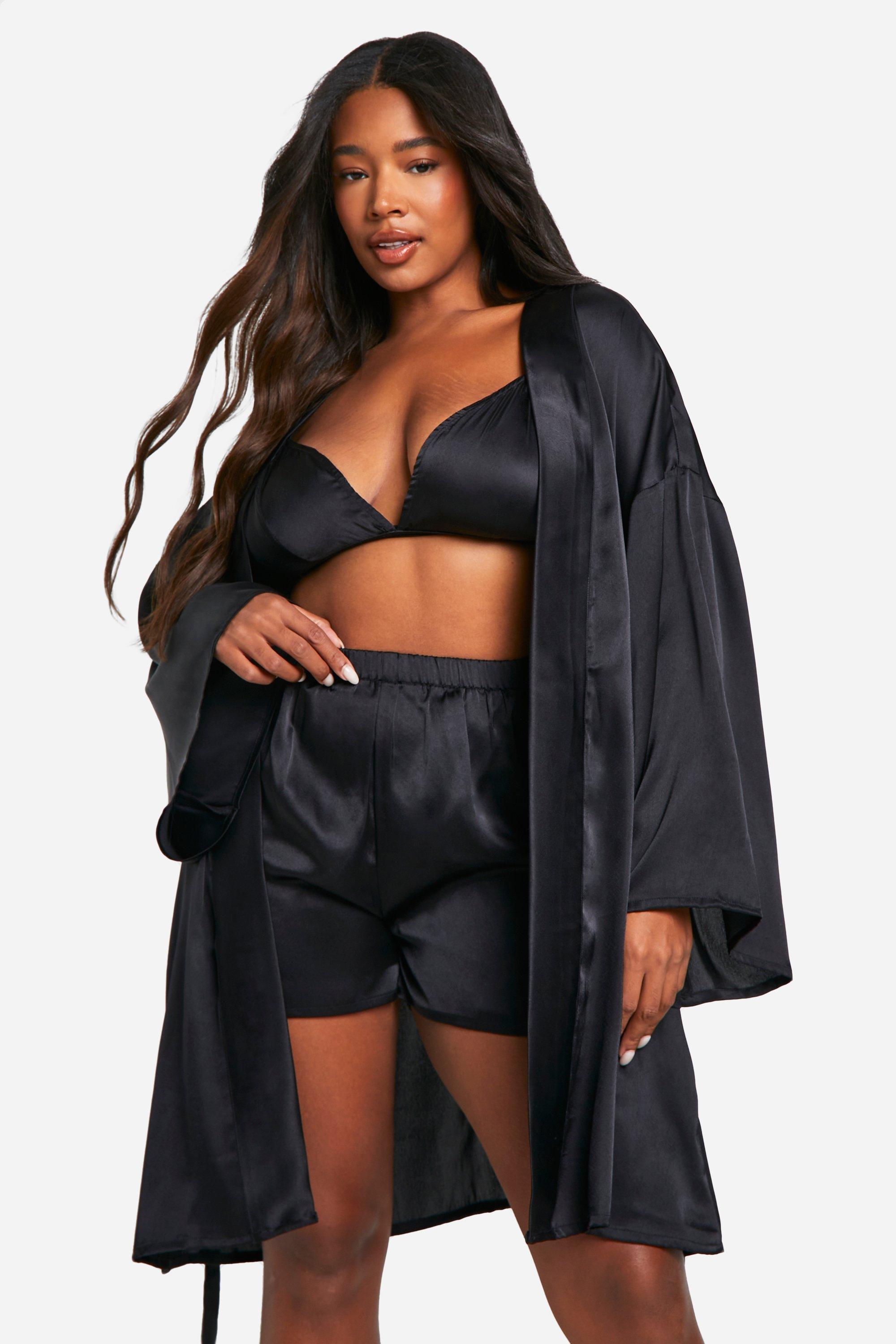 Womens Plus Satin 3 Piece Pj Set - Black - 24, Black