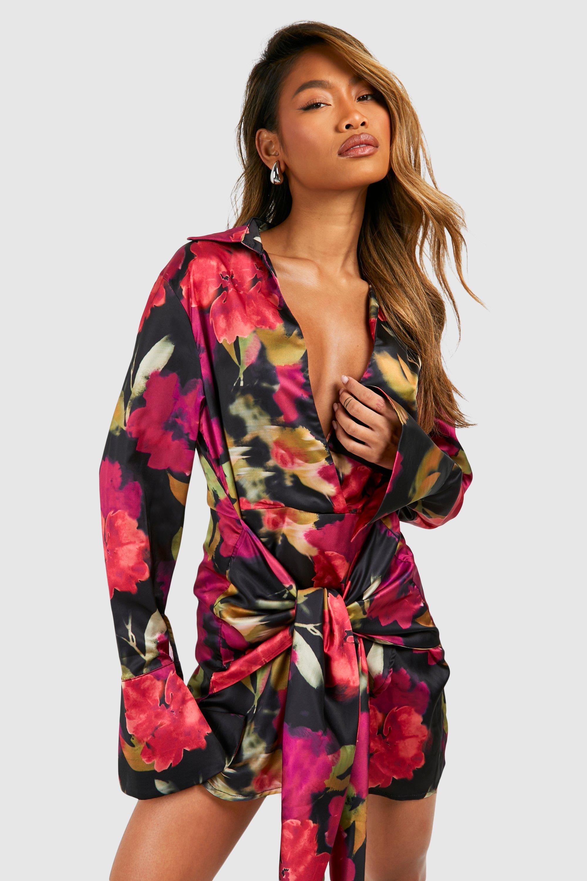 Image of Tie Front Floral Shirt Dress, Nero