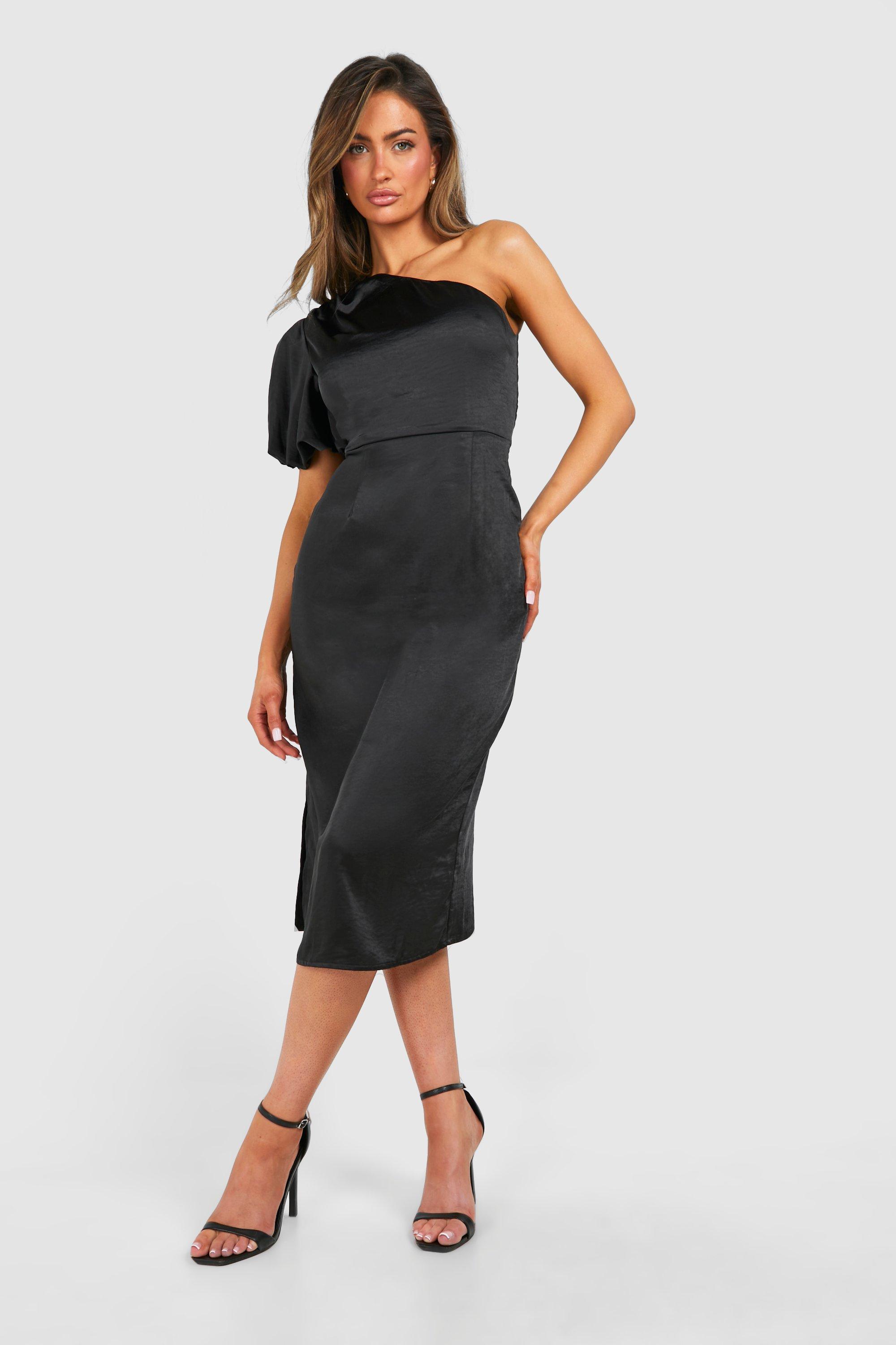 Womens Satin Puff Sleeve Asymmetric Midi Dress - Black - 18, Black