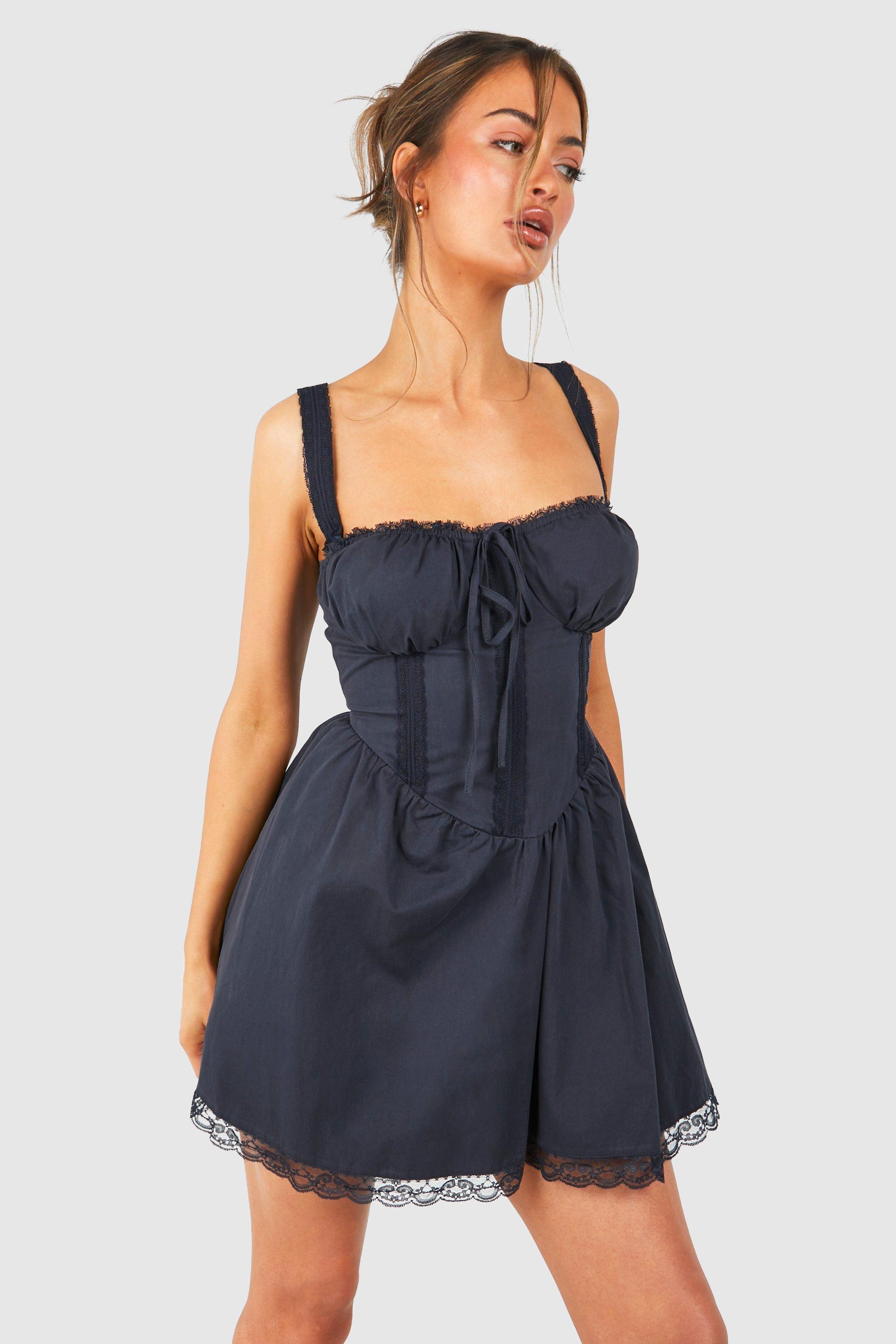 Image of Cotton Strappy Milkmaid Mini Dress, Navy