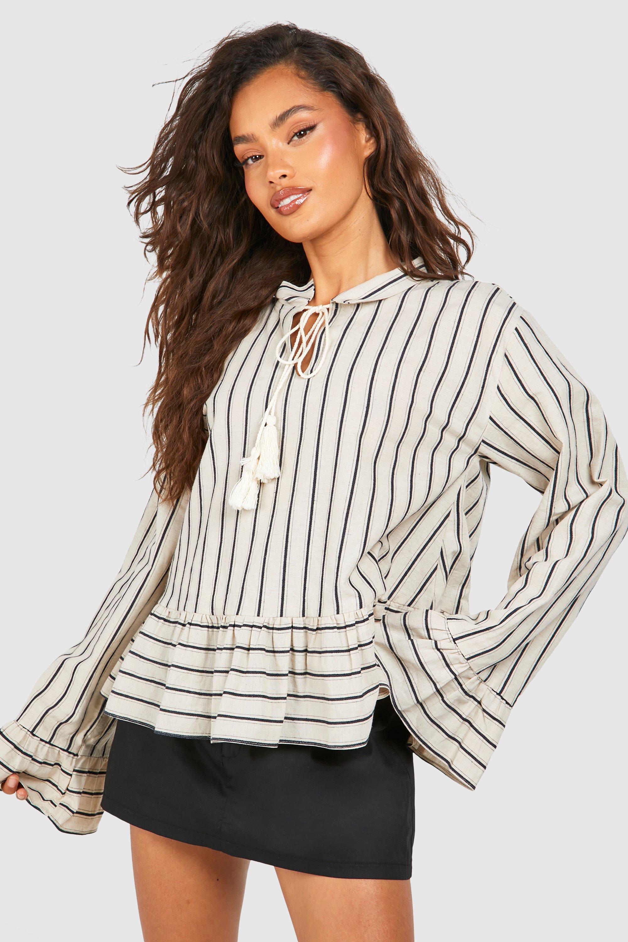 Image of Striped Tie Detail Smock Blouse, Brown