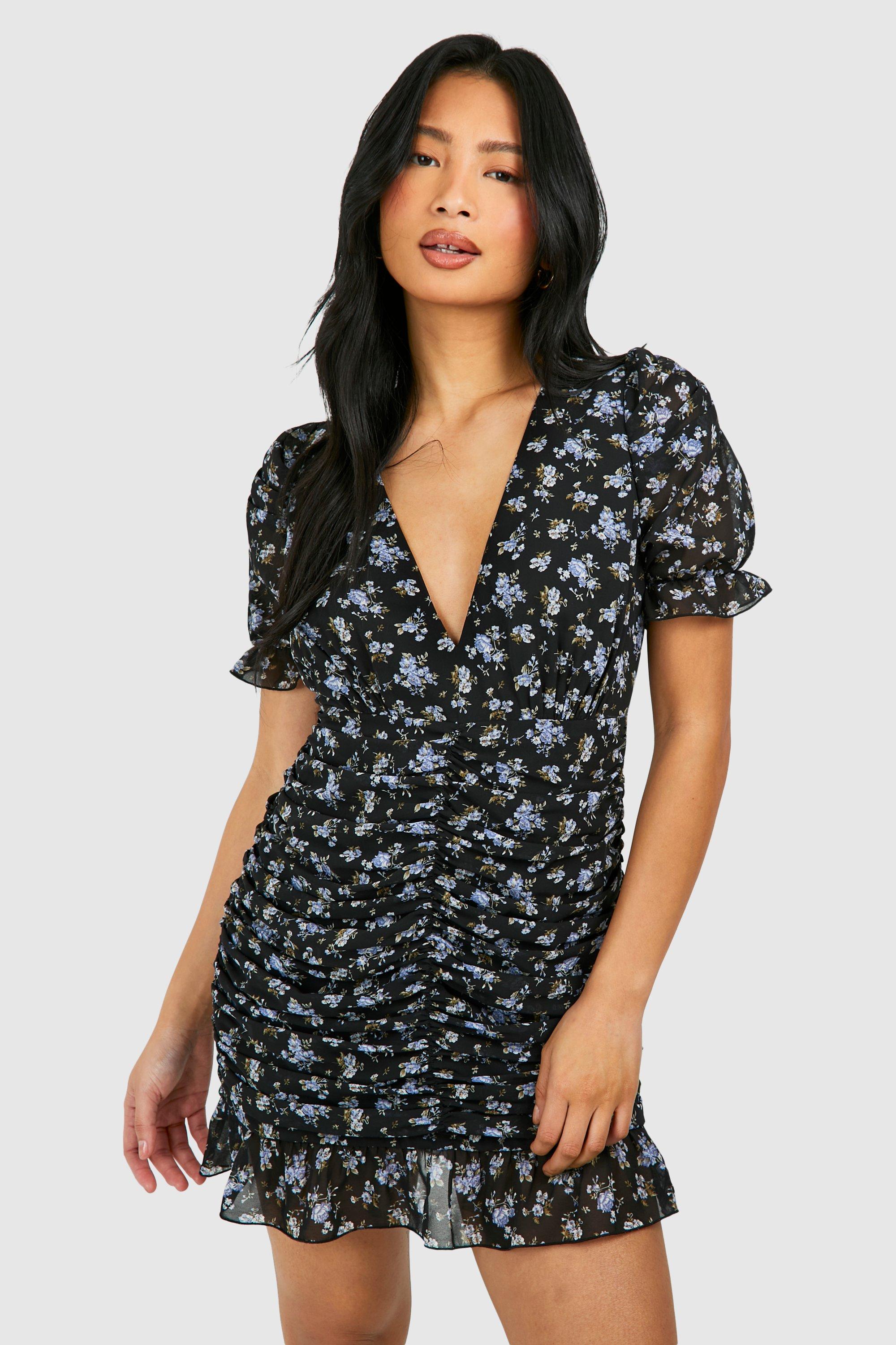 Image of Petite Floral Ruched Mini Dress, Nero