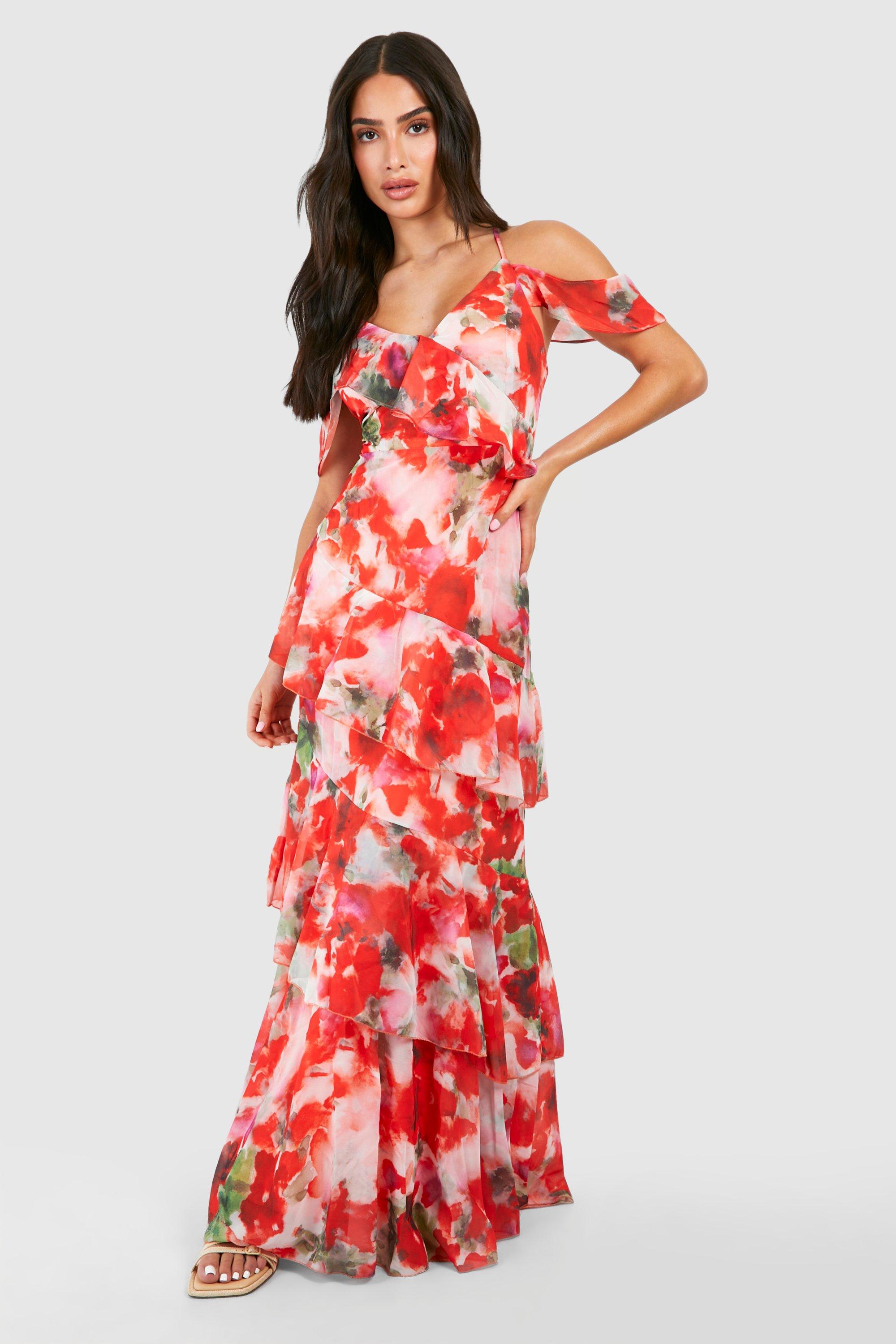 Image of Petite Asymmetric Chiffon Tiered Ruffle Floral Maxi Dress, Pink