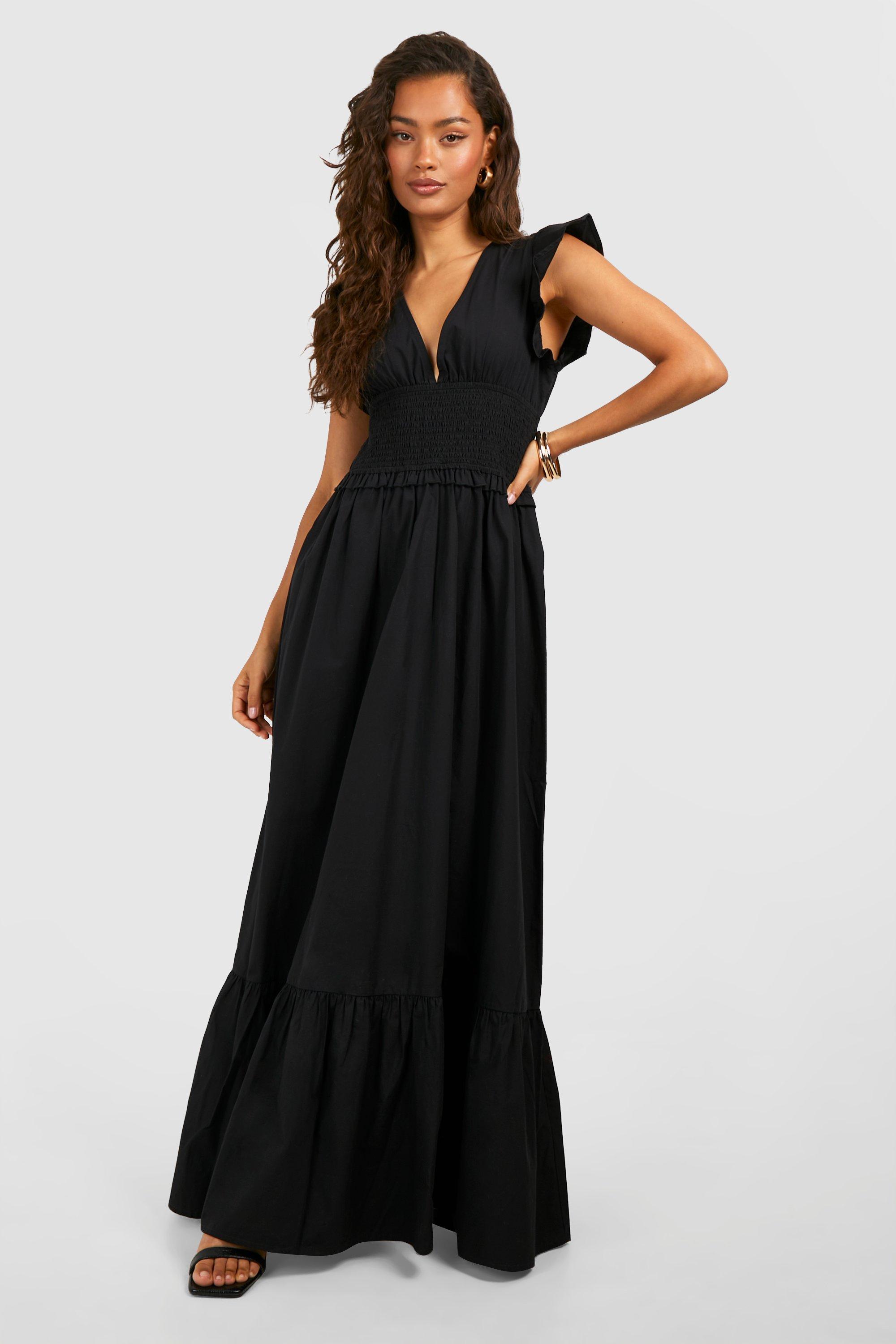 Womens Cotton Plunge Maxi Dress - Black - 10, Black