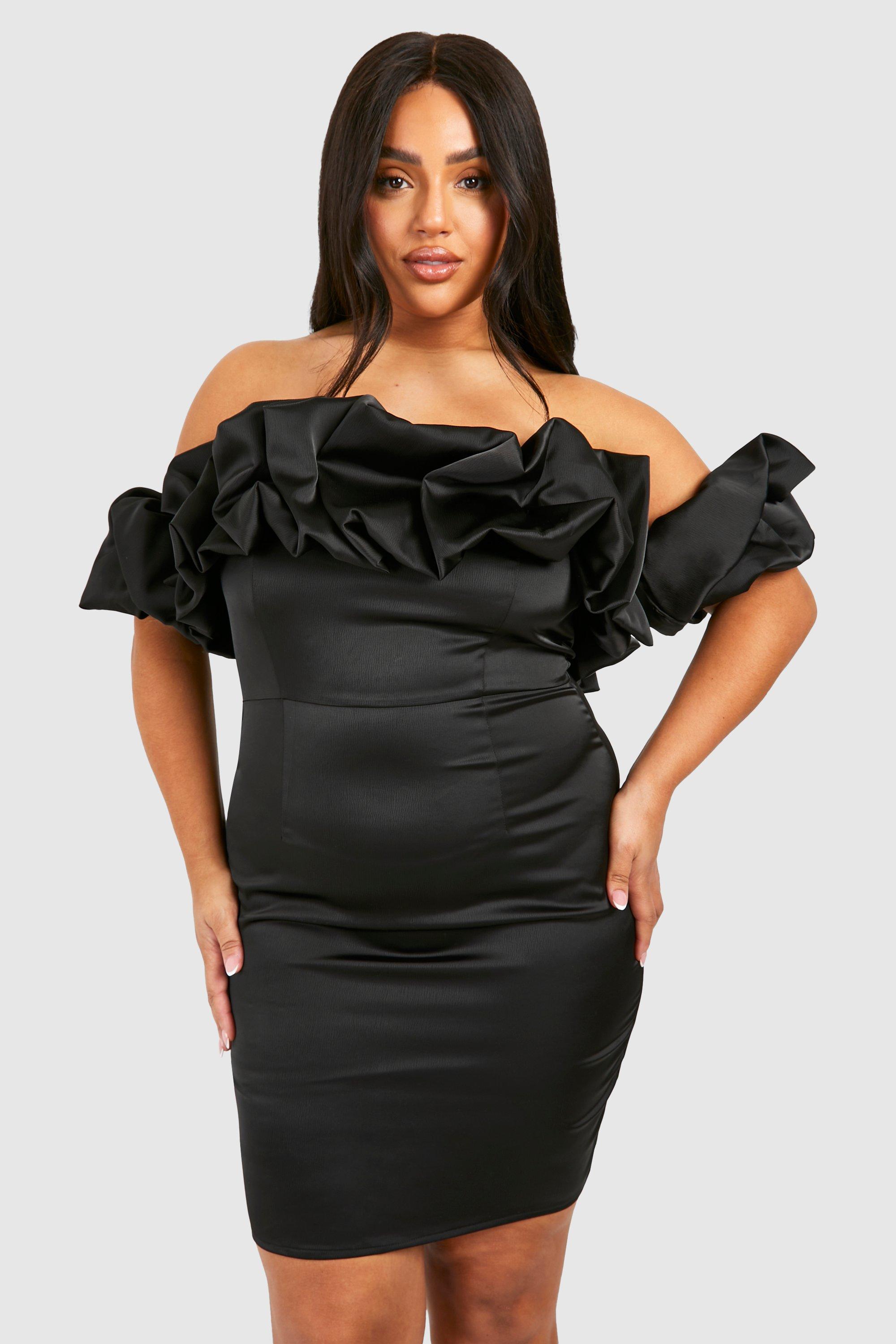 Image of Plus Premium Satin Off Shoulder Mini Dress, Nero