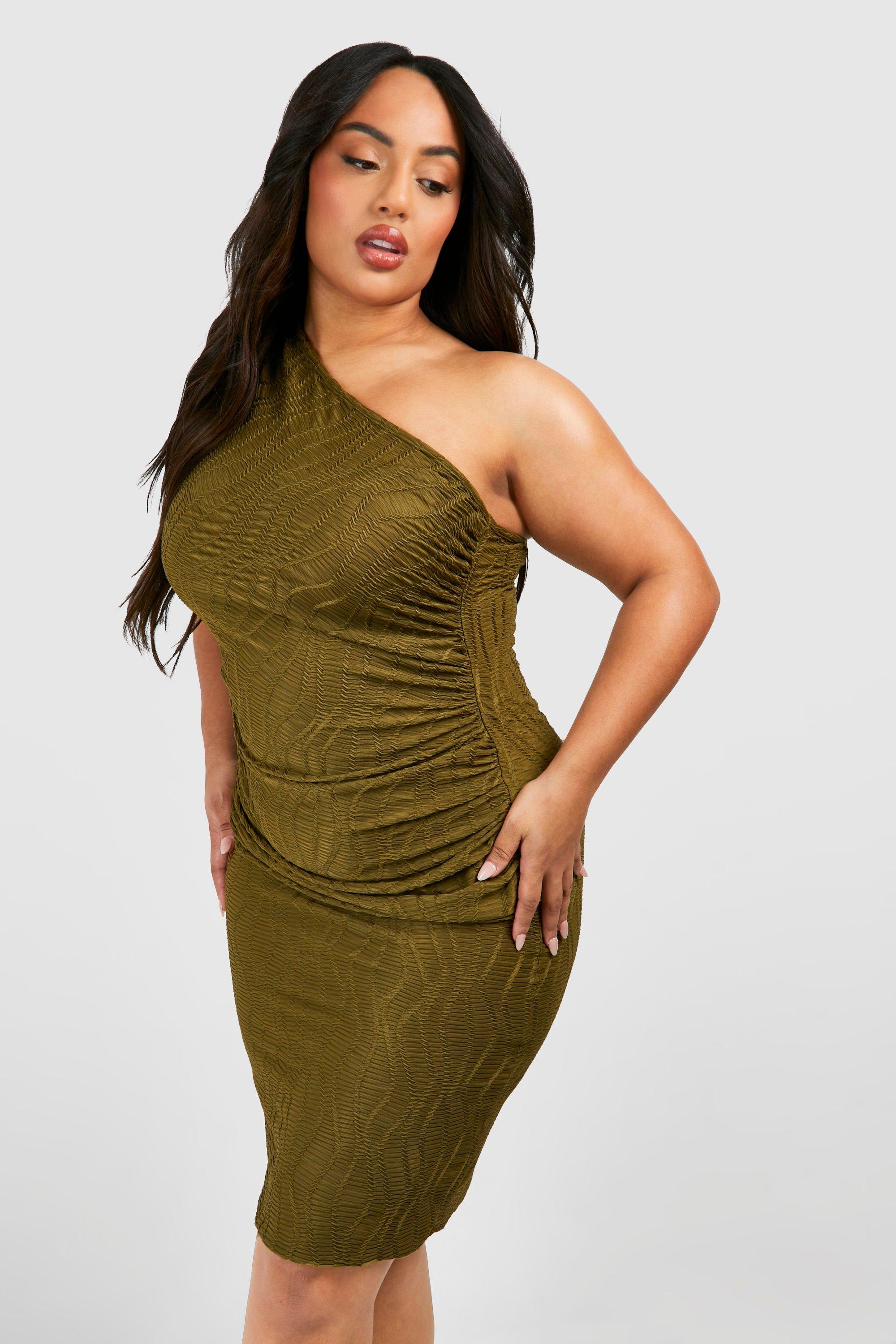 Image of Plus Textured Rib One Shoulder Ruched Midi Dress, Verde