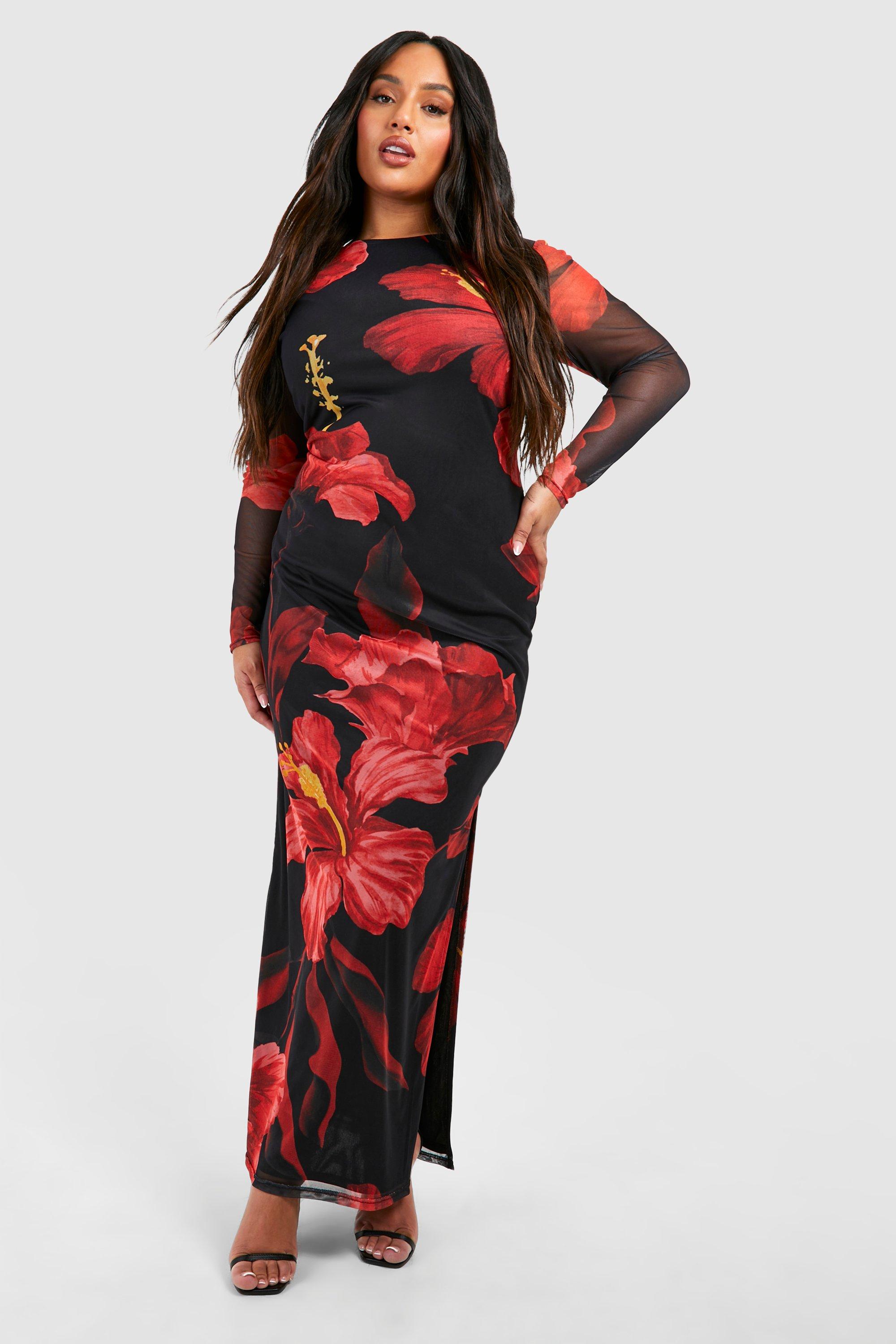 Image of Plus Floral Mesh Long Sleeve Maxi Dress, Nero