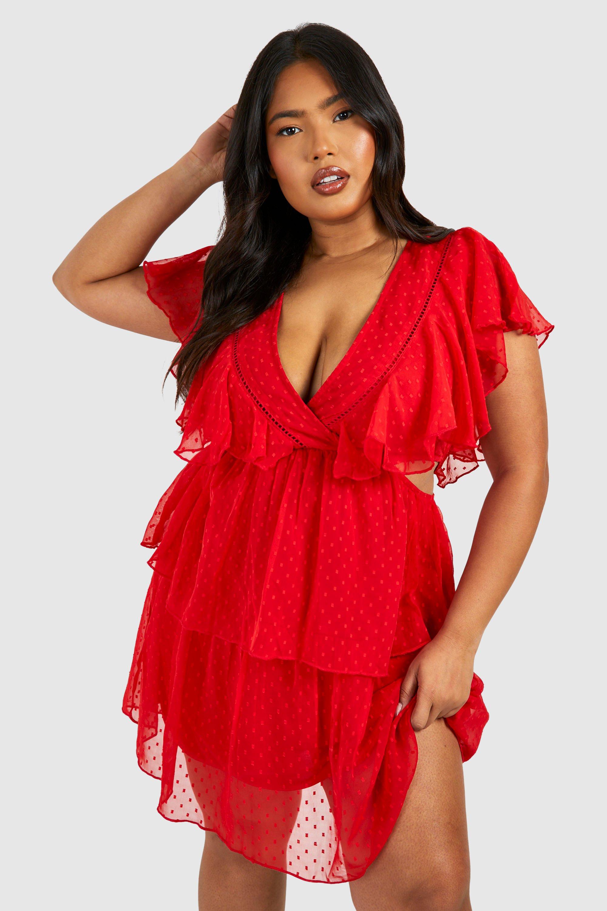 womens plus dobby ruffle skater dress - red - 16, red