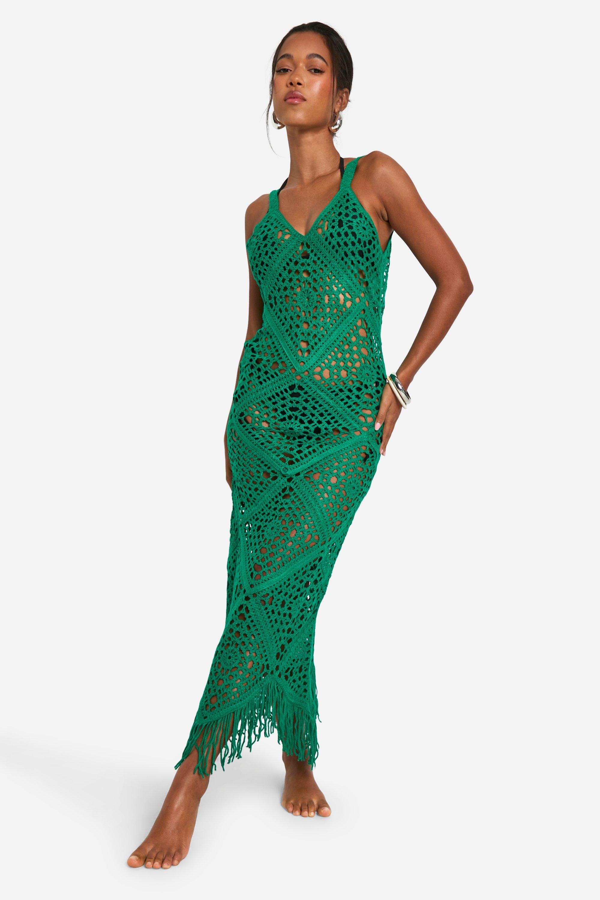 Boohoo Crochet Strappy Beach Maxi Dress, Green