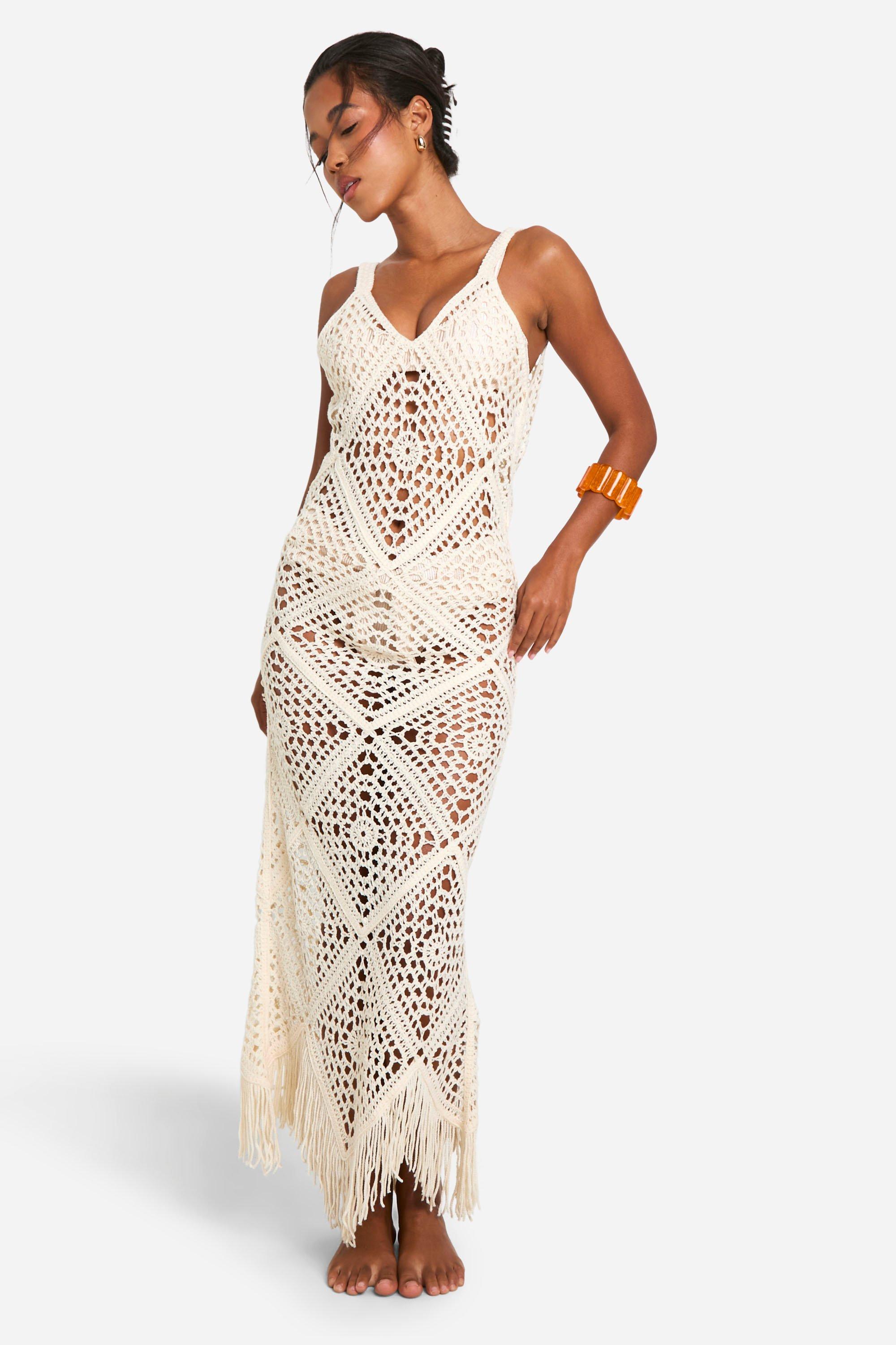 Boohoo Crochet Strappy Beach Maxi Dress, Ivory