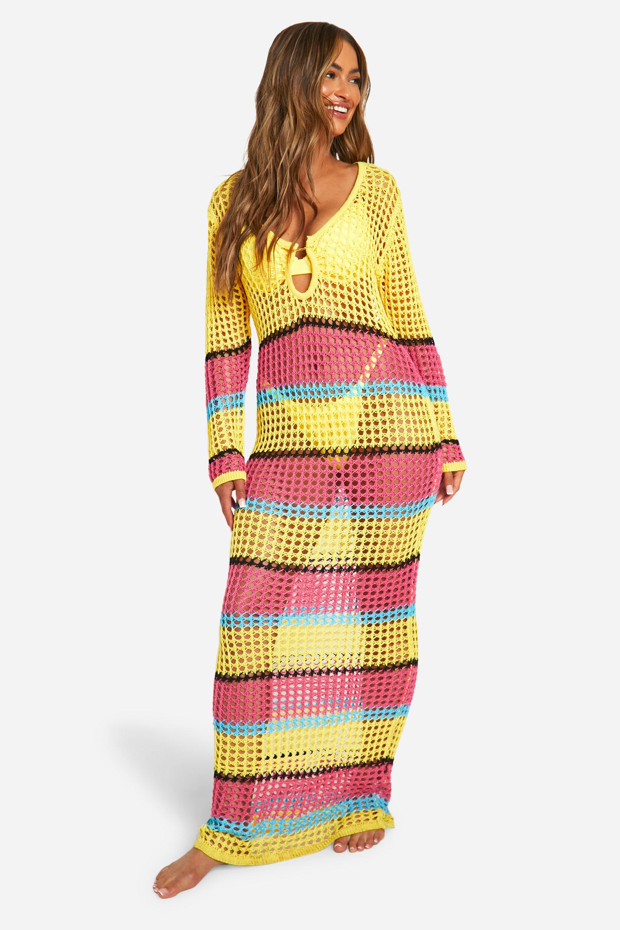Image of Colour Block Stripe Crochet Maxi Beach Dress, Bianco