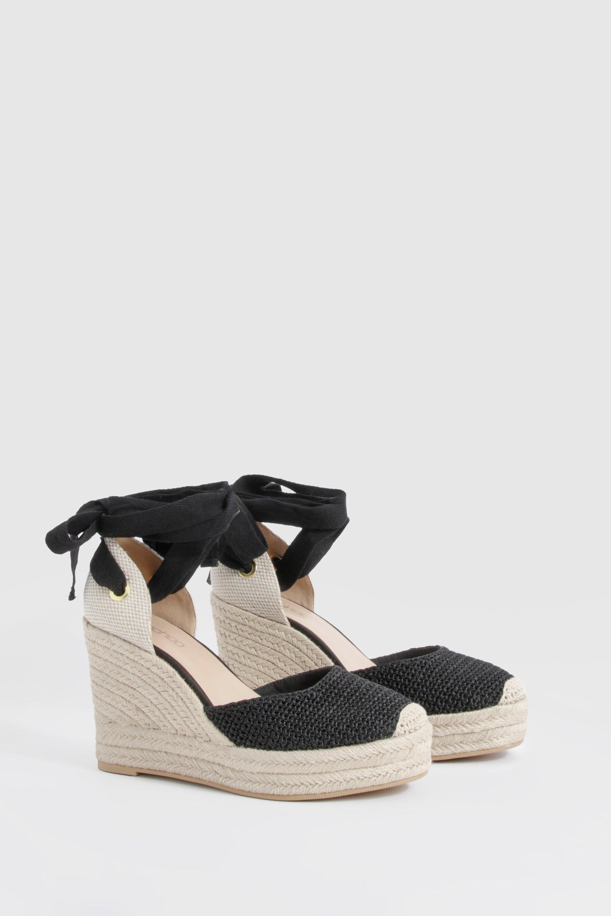 Image of Closed Toe Wrap Up Weave Detail Wedges, Nero
