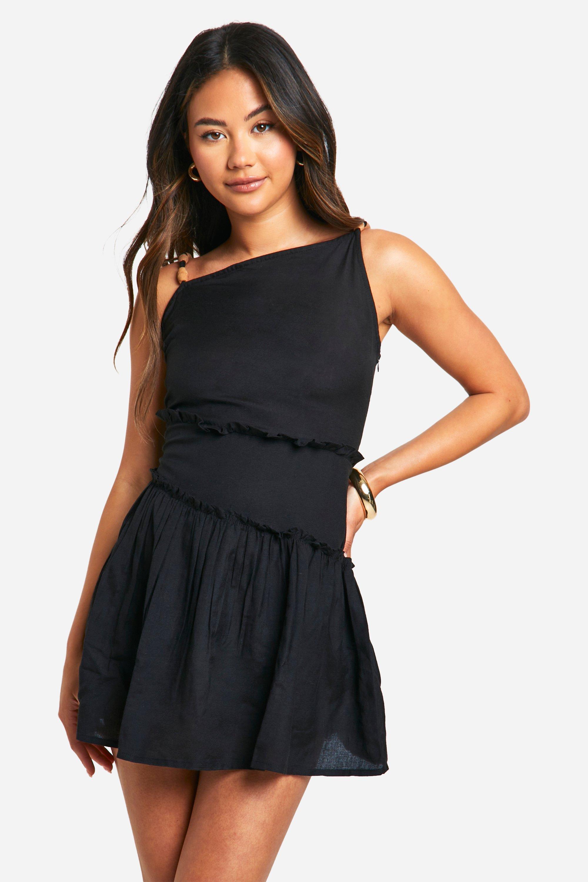 Boohoo Linen Beaded Mini Dress, Black