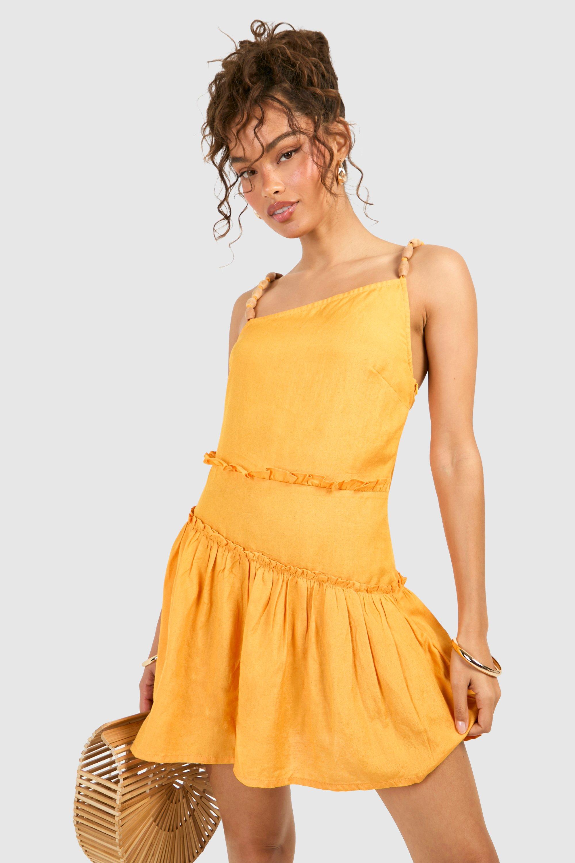 Boohoo Linen Beaded Mini Dress, Orange