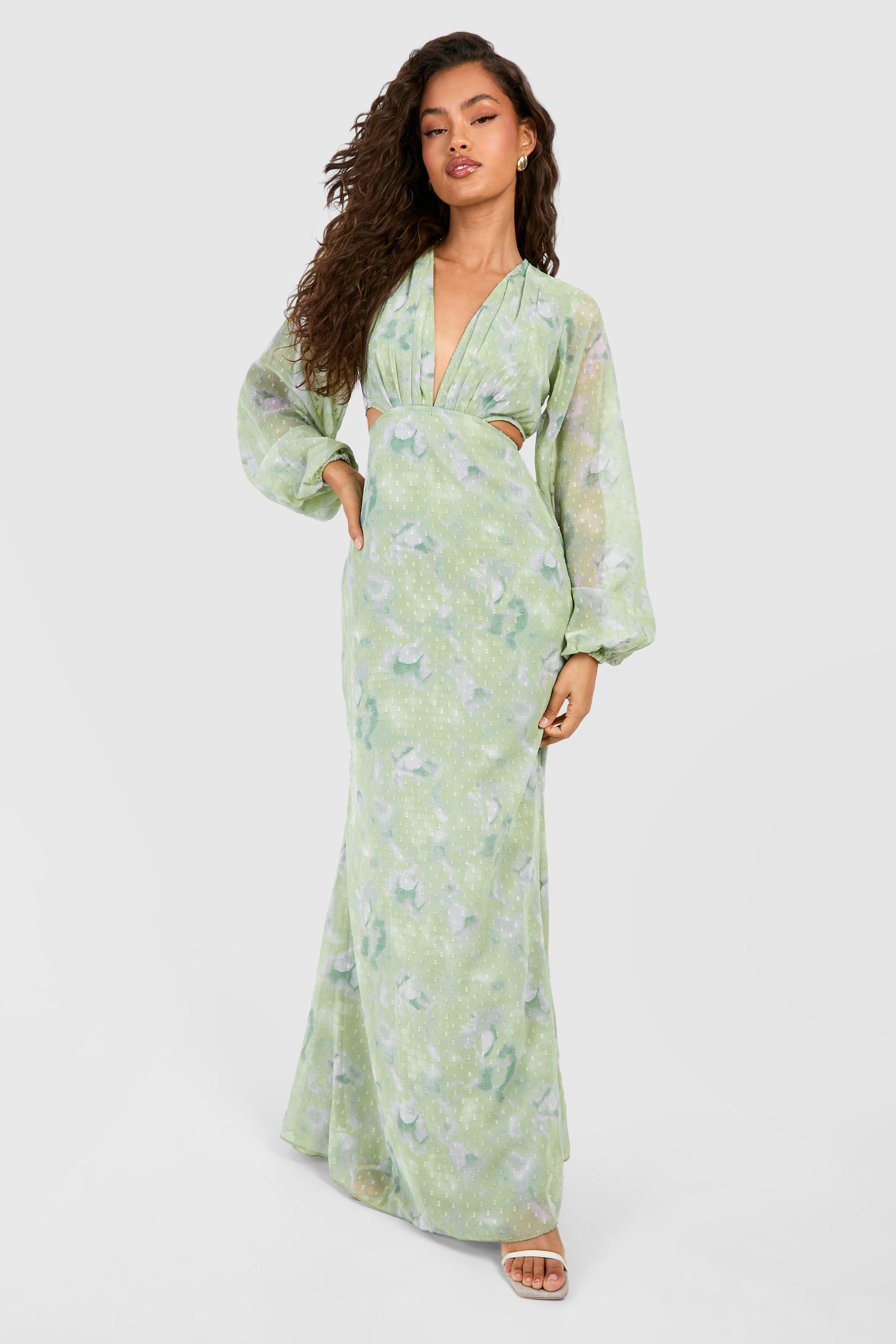 Printed Cut Out Dobby Maxi Dress - Green - 12