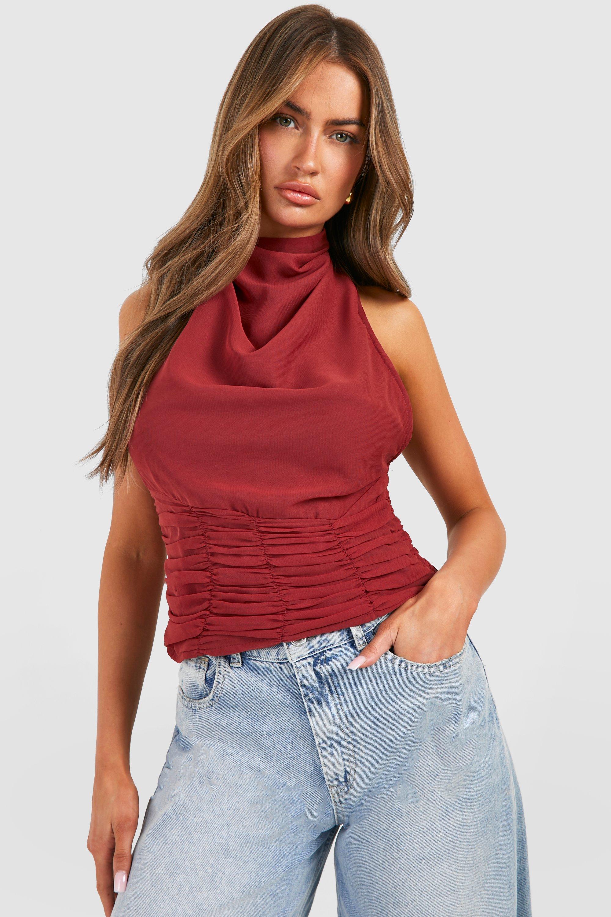 Boohoo Halter Neck Chiffon Ruched Top, Red