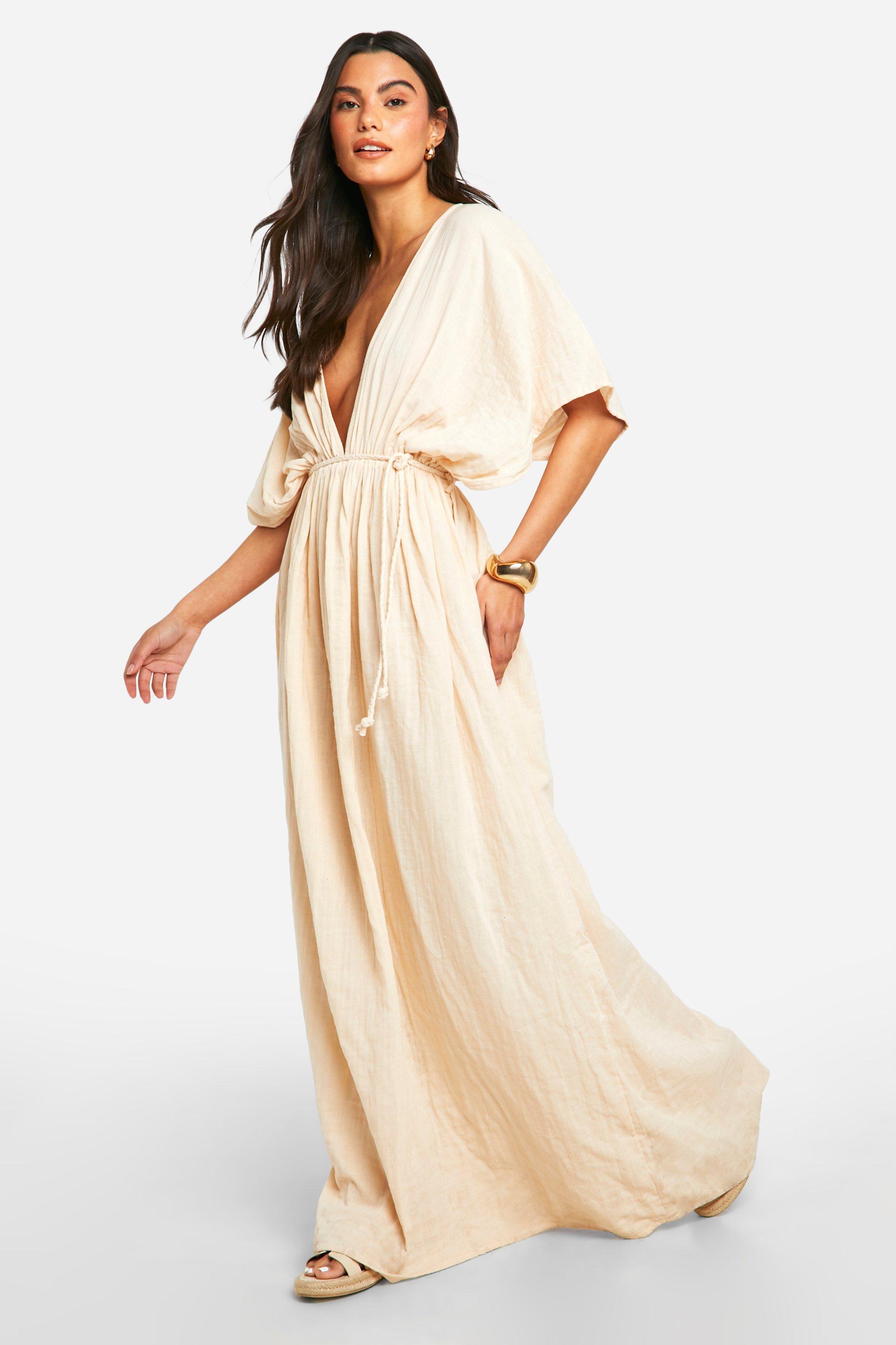 Boohoo Cheesecloth Plunge Batwing Maxi Dress, Stone