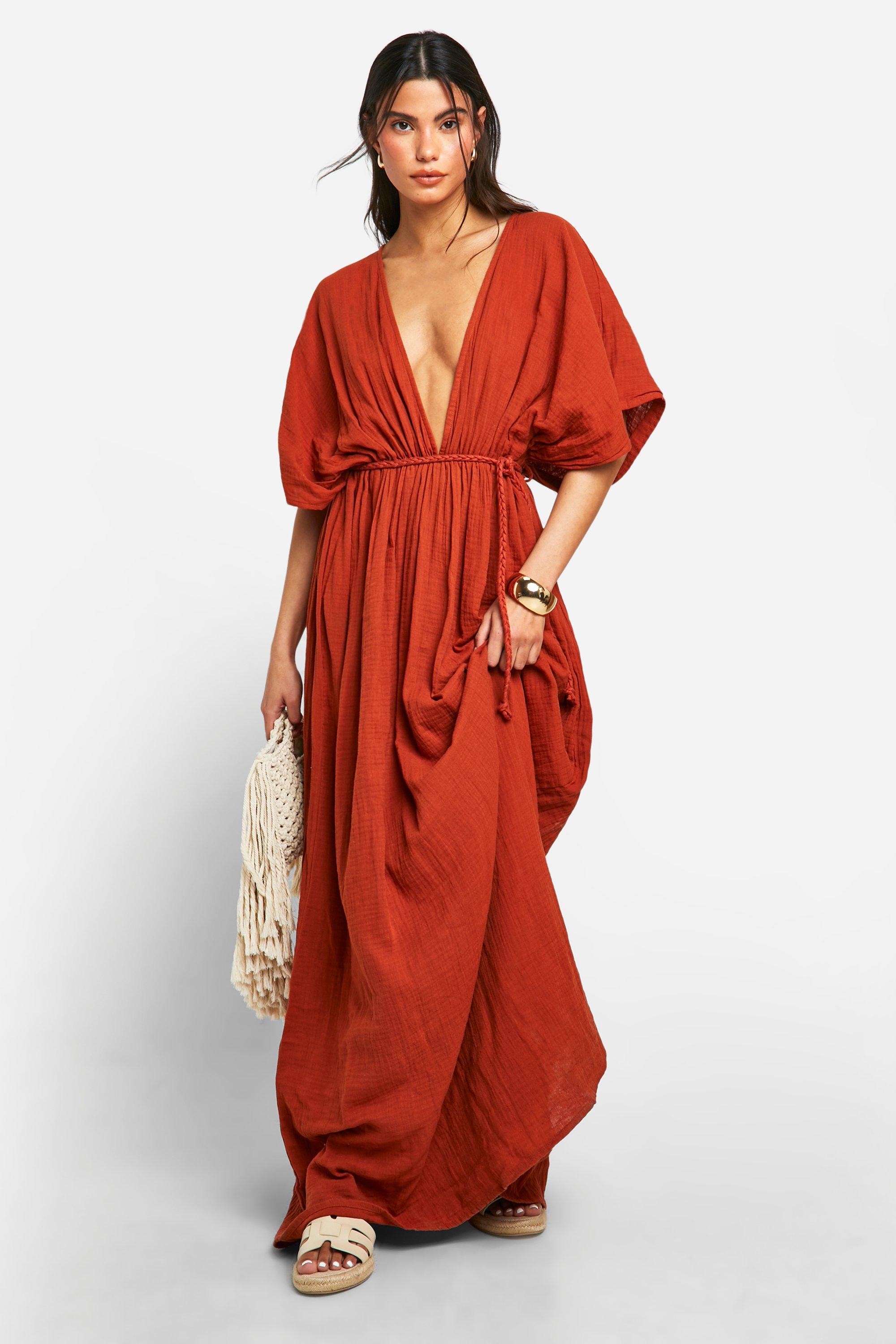 Boohoo Cheesecloth Plunge Batwing Maxi Dress, Terracotta