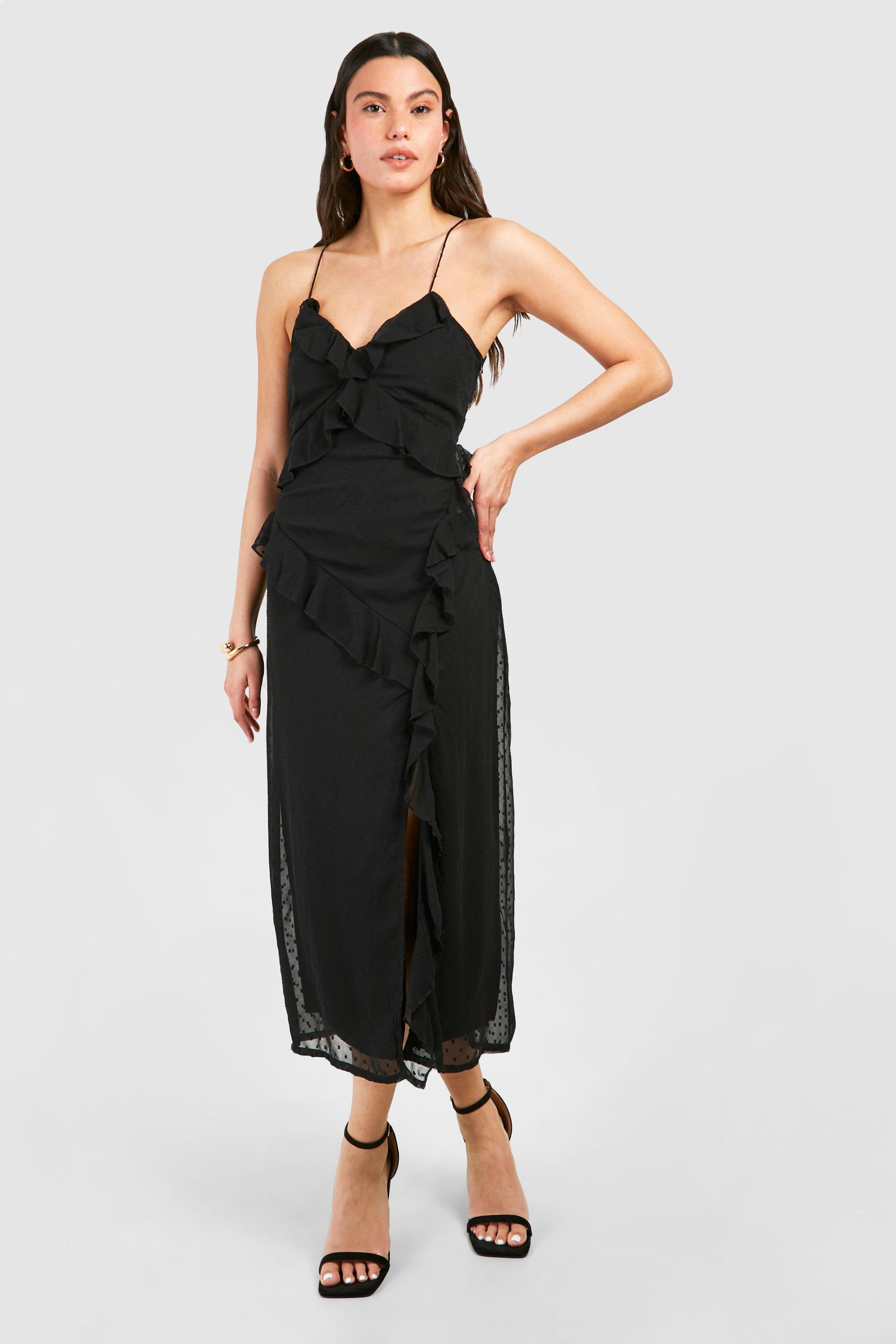 Womens Chiffon Ruffle Maxi Dress - Black - 10, Black