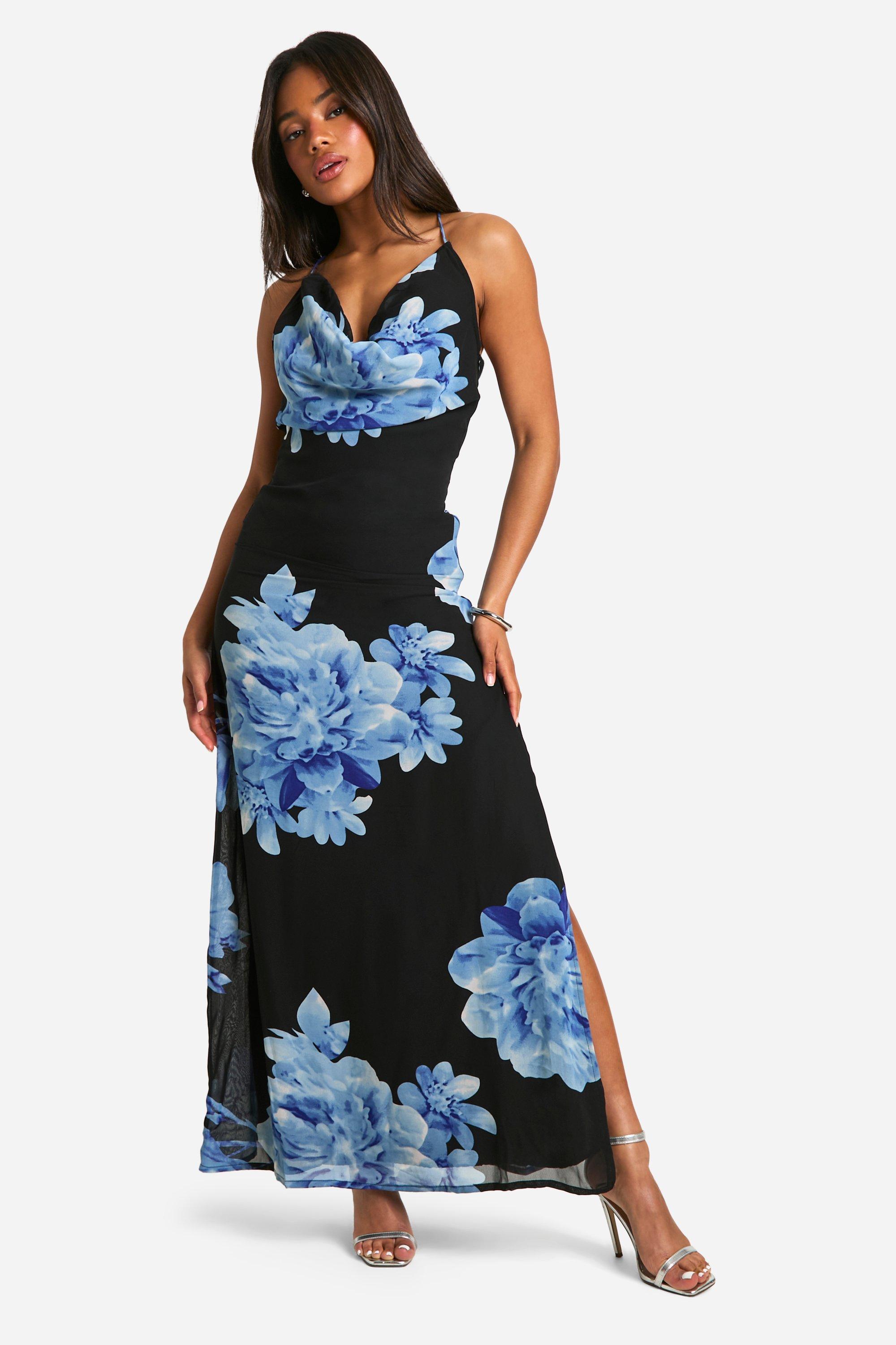 Image of Floral Print Cowl Neck Maxi Dress, Nero