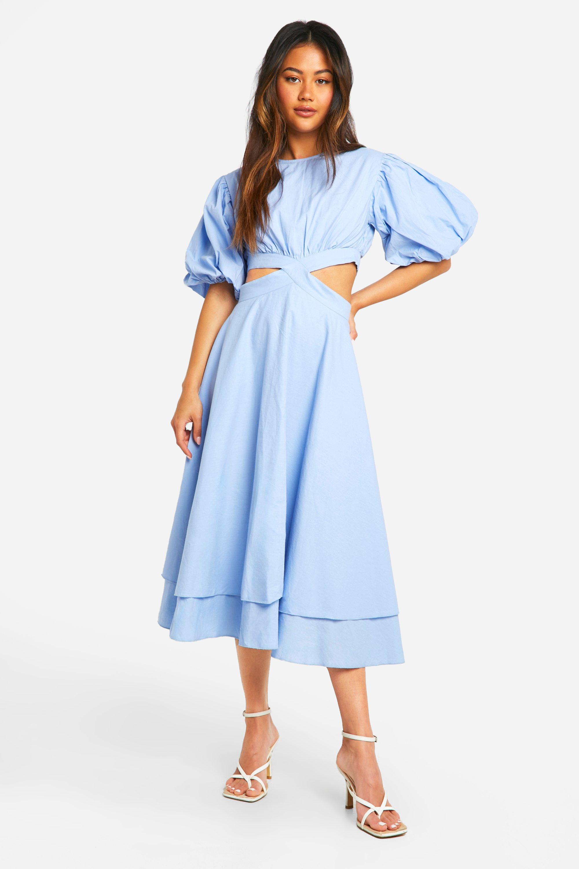 Boohoo Textured Puff Sleeve Midi Dress, Blue