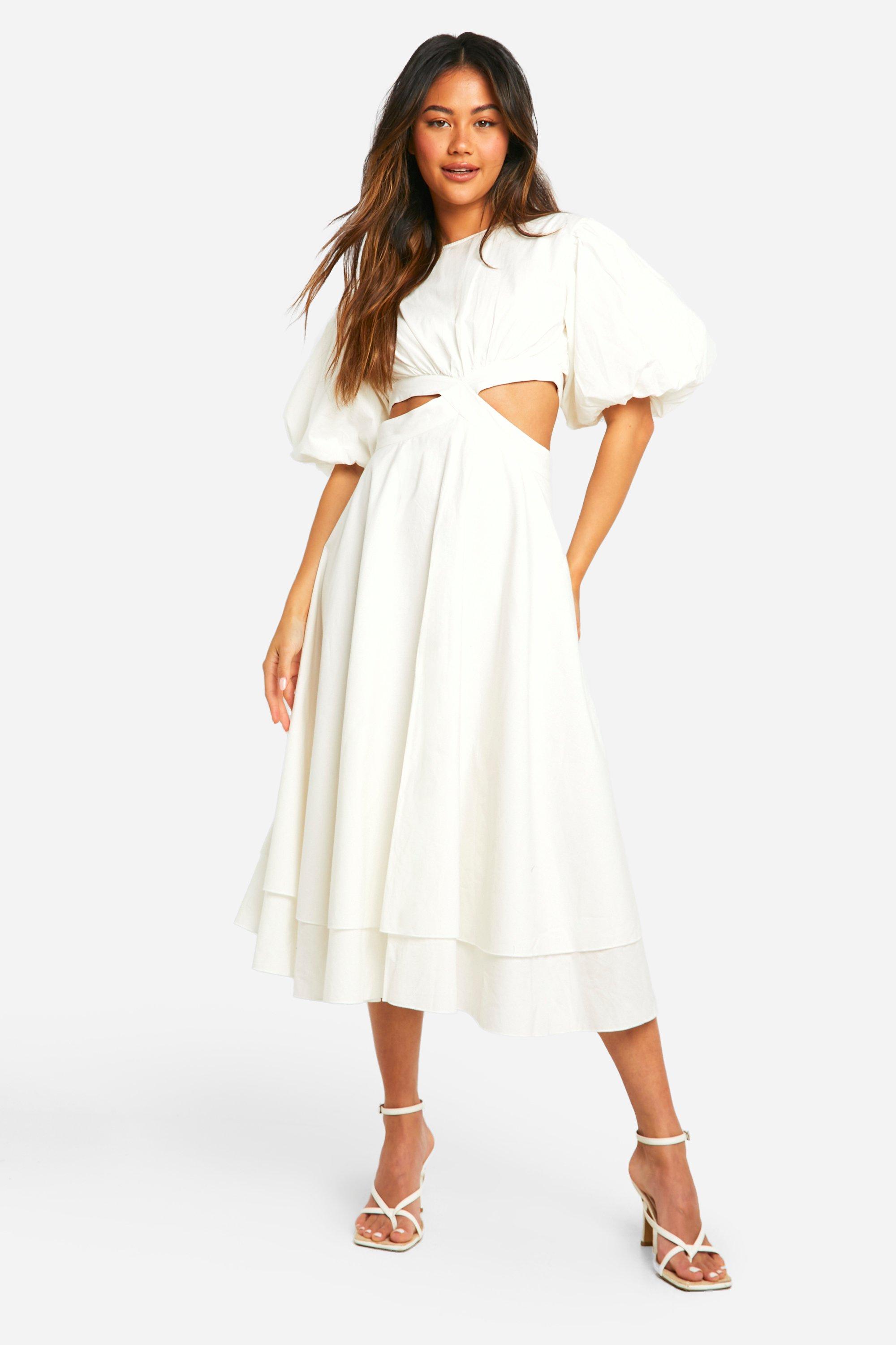 Boohoo Textured Puff Sleeve Midi Dress, White
