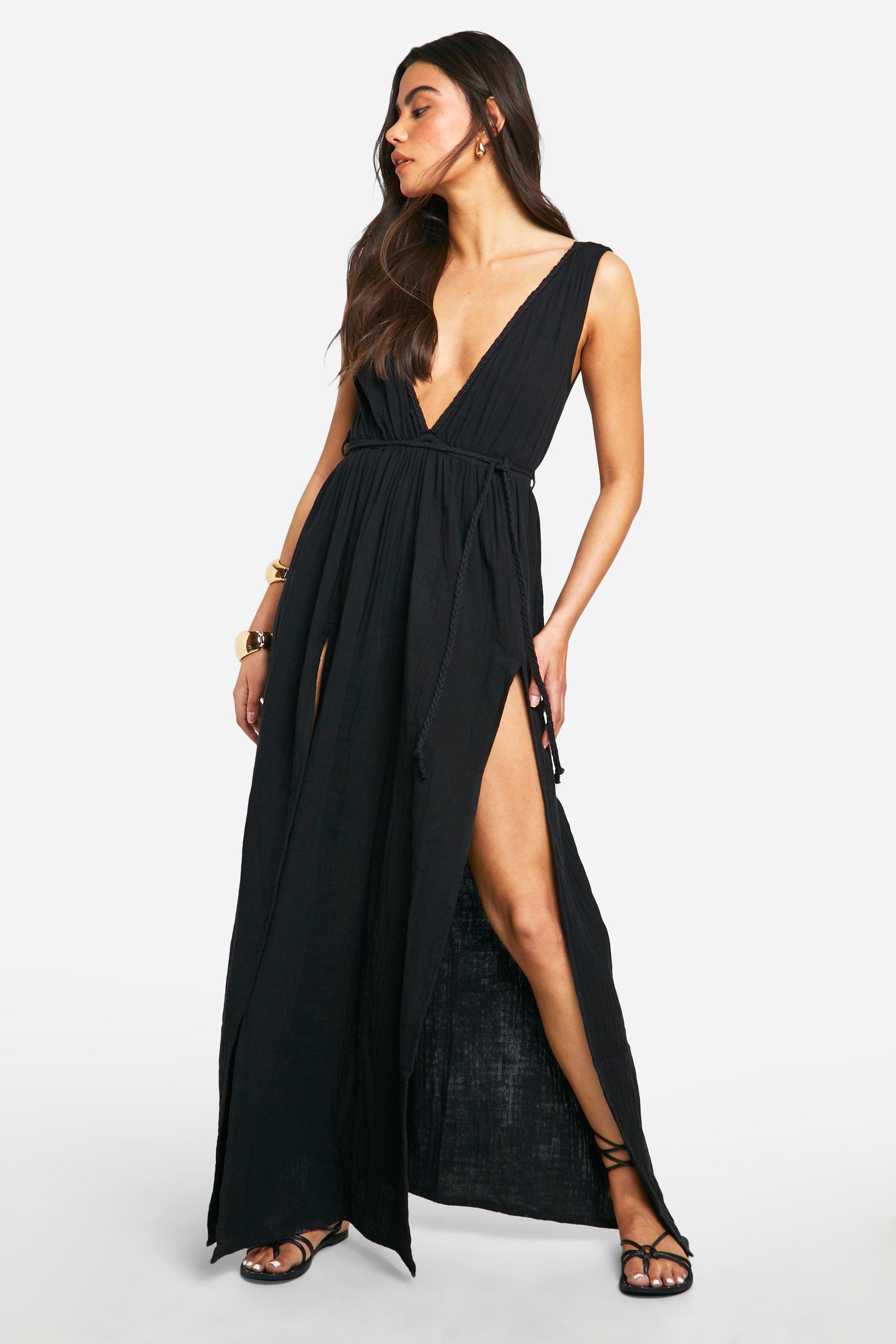Womens Cheesecloth Plunge Belted Maxi Dress - Black - 8, Black
