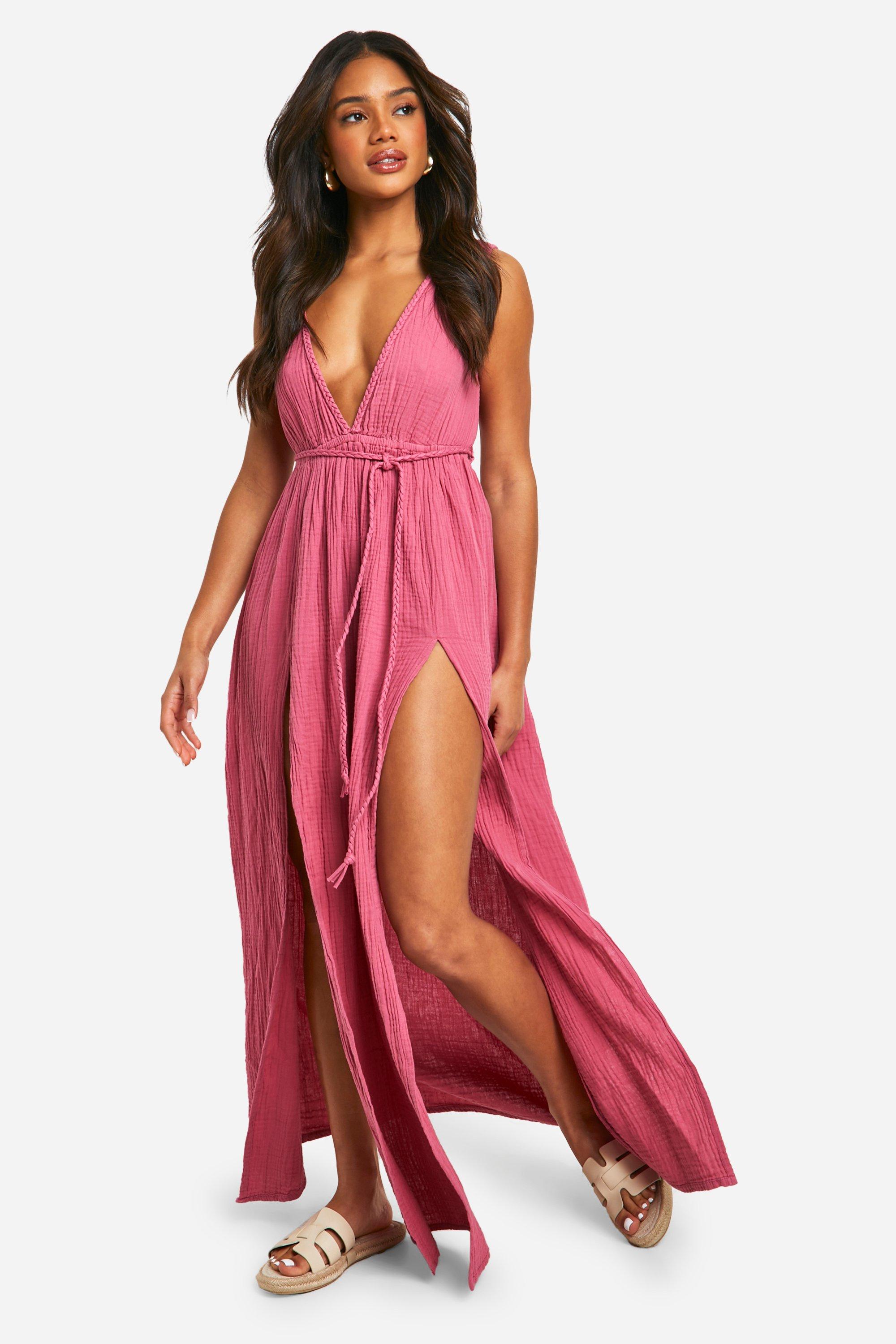 Boohoo Cheesecloth Plunge Belted Maxi Dress, Rose