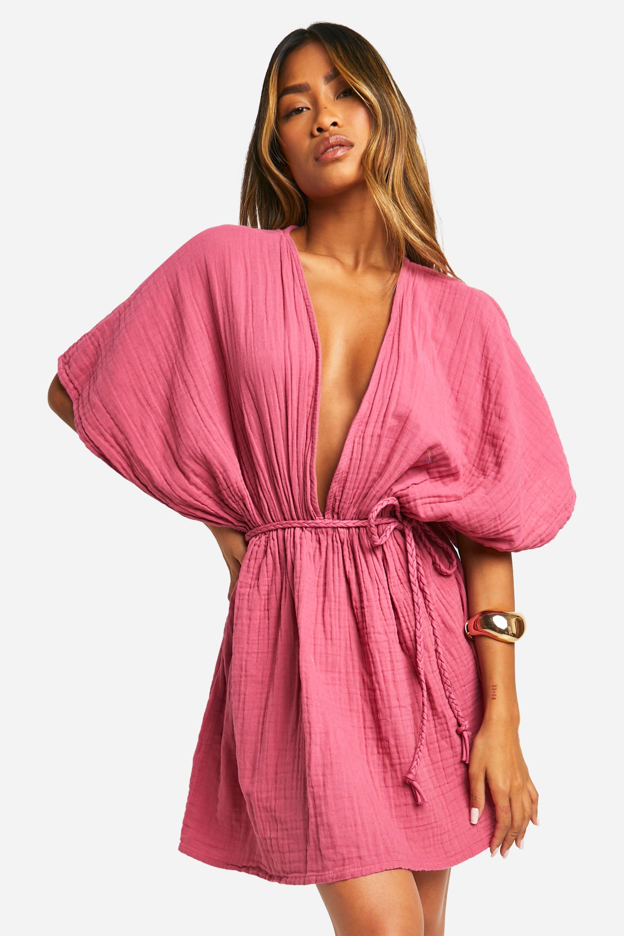 Boohoo Cheesecloth Belted Batwing Mini Dress, Rose