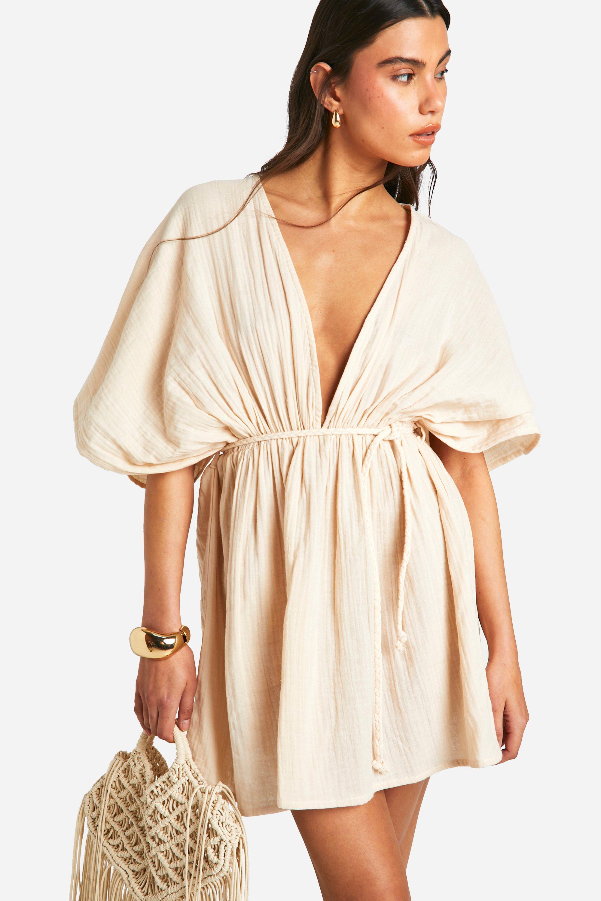 Boohoo Cheesecloth Belted Batwing Mini Dress, Stone