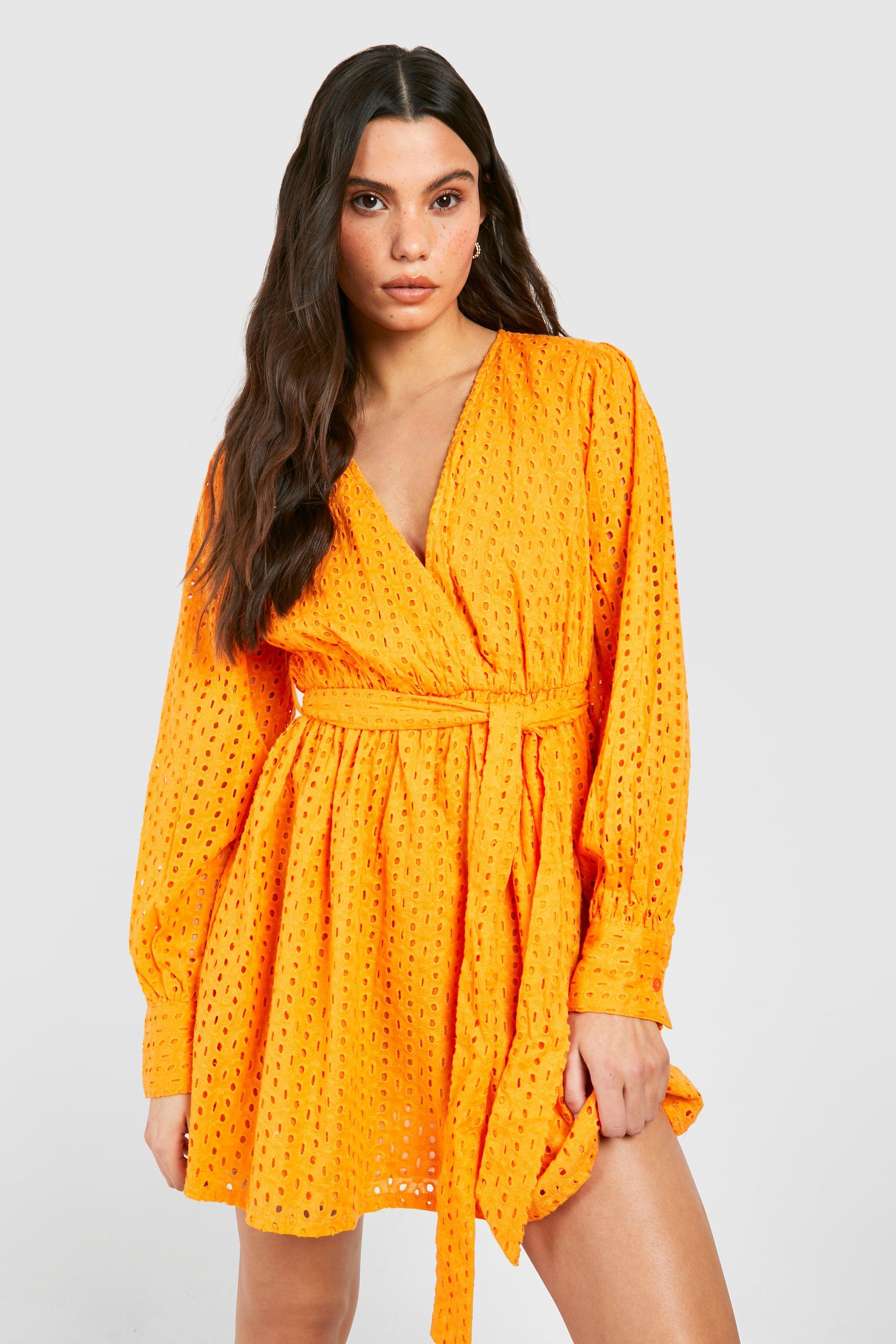 Boohoo Broderie Belted Mini Dress, Orange