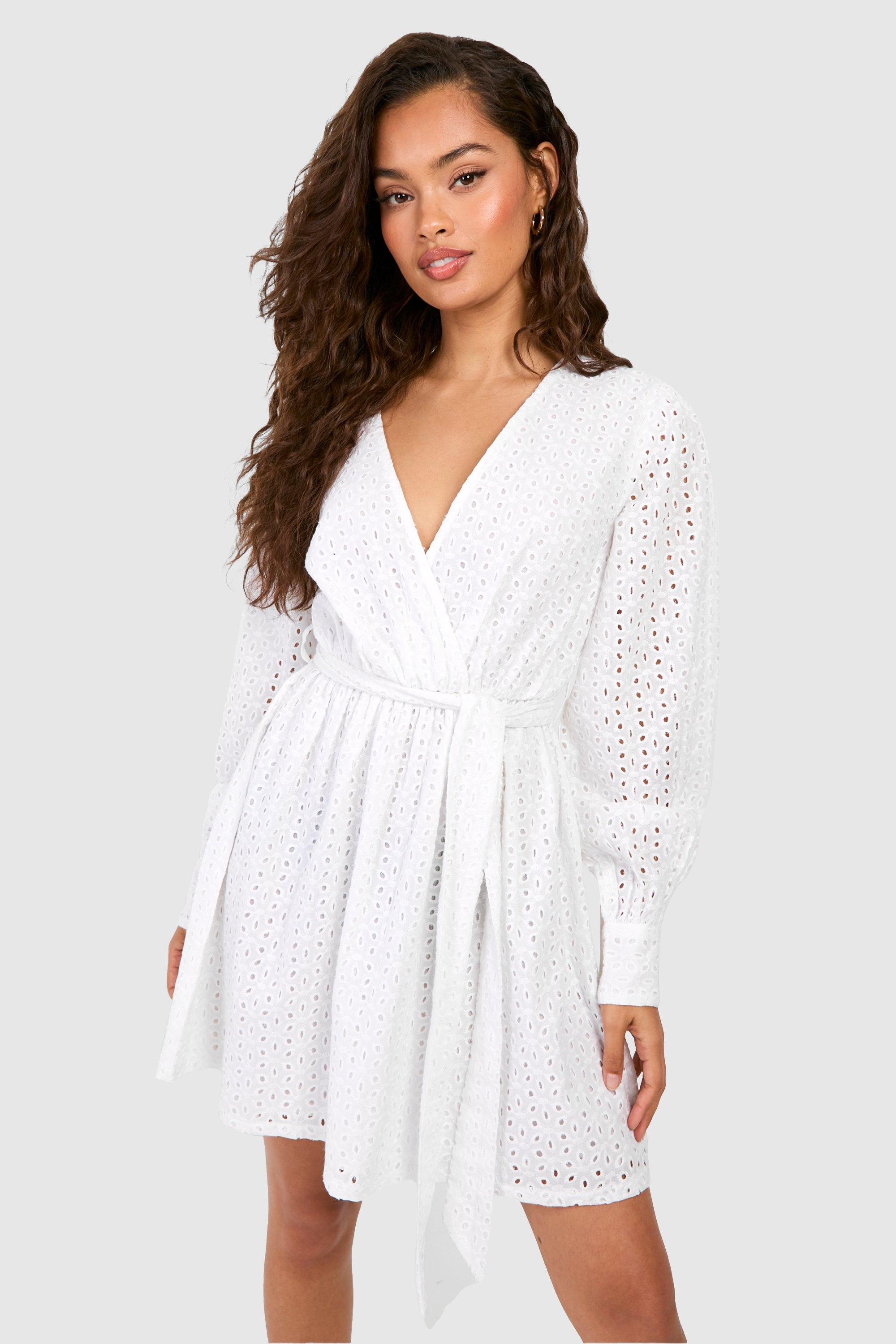 Boohoo Broderie Belted Mini Dress, White
