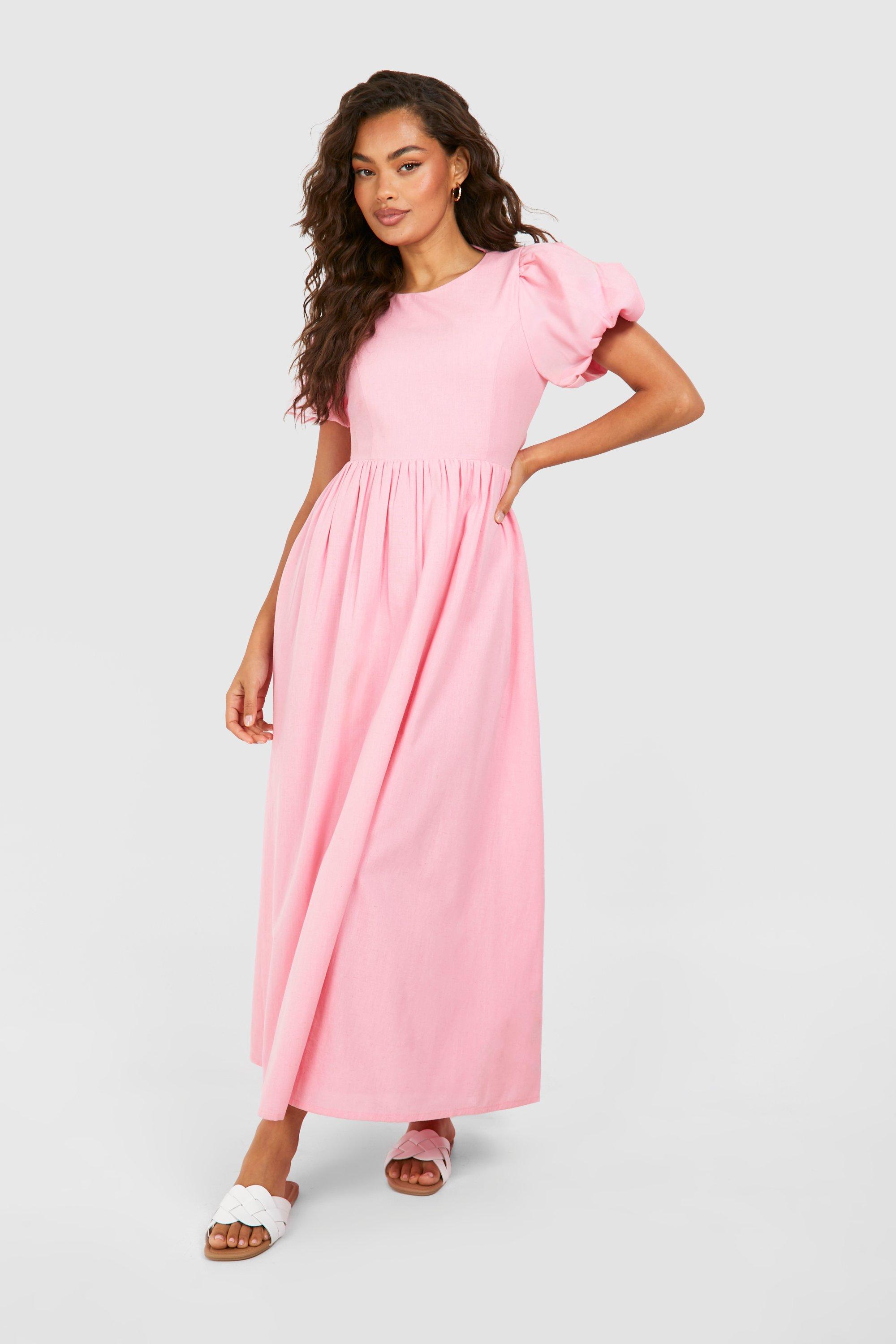 Boohoo Textured Puff Sleeve Midi Dress, Pink